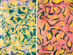 Joyous Sea, Unique Monotype on paper, Abstract Seascape Diptych in Warm Tones