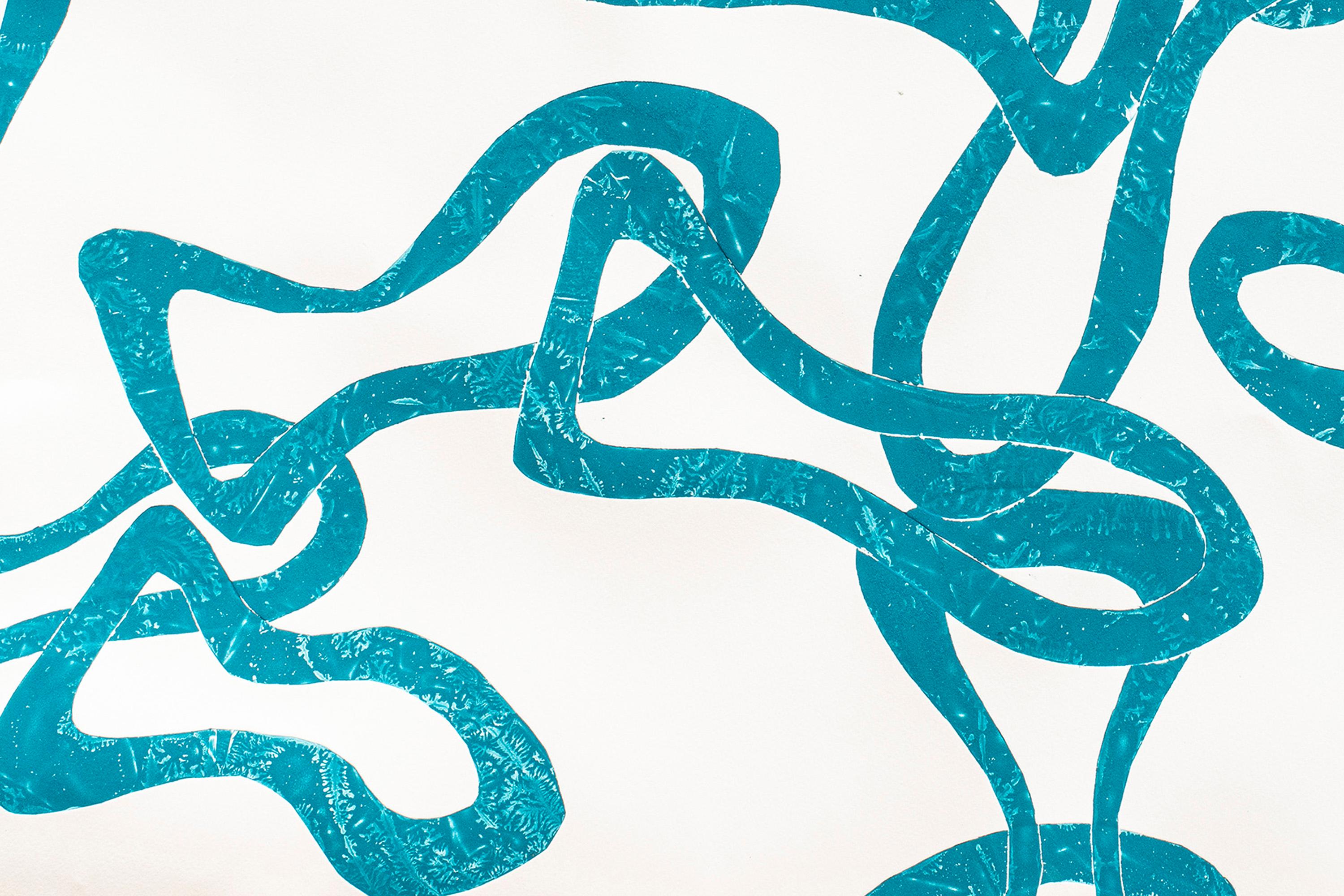 Joyous Turquoise Sea, Abstract Fish Patterns, Mediterranean Seascape on Paper - Blue Abstract Painting by Enric Servera