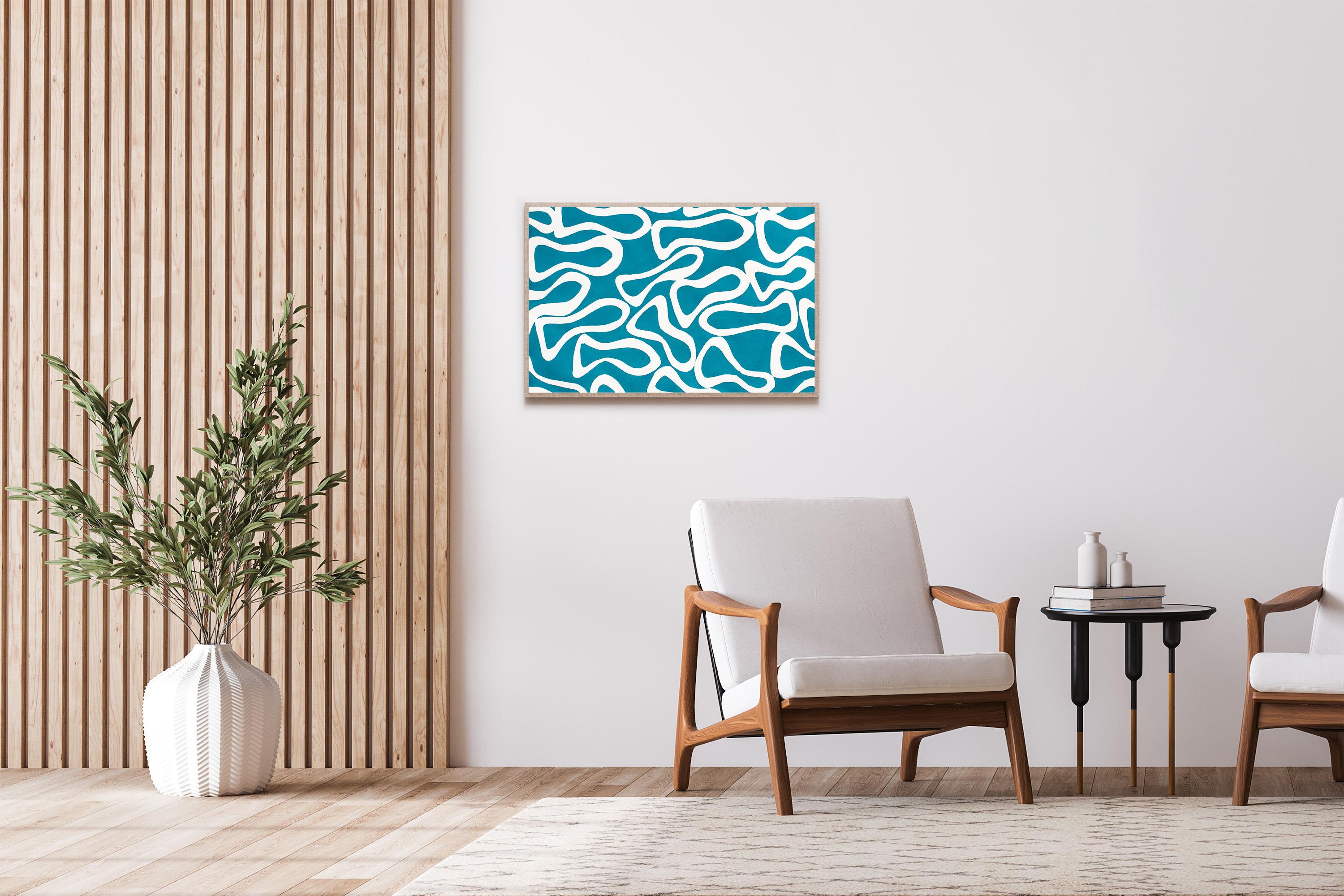 Joyous Turquoise Sea, Abstract Fish Patterns, Mediterranean Seascape on Paper For Sale 3