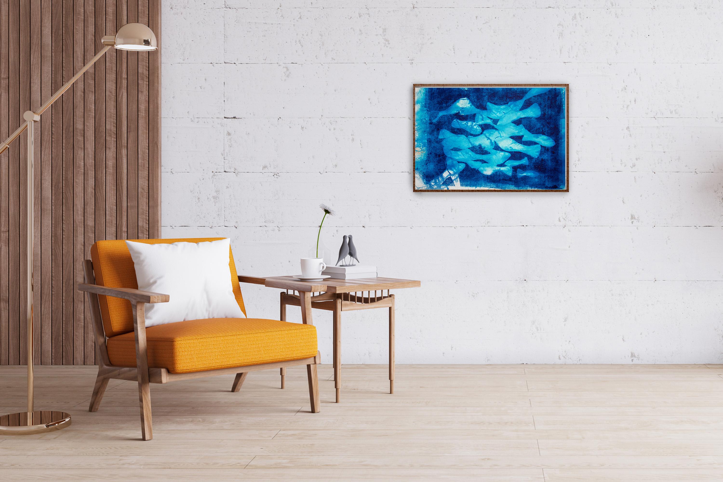 Marina Abismal, Mixed Media Painting, Blue Tones, Mediterranean Fish Patterns For Sale 4
