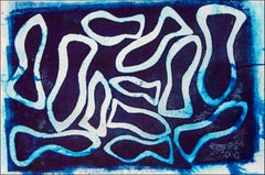 Marina Abismal, peinture technique mixte, tons bleus, motifs de poissons méditerranéens