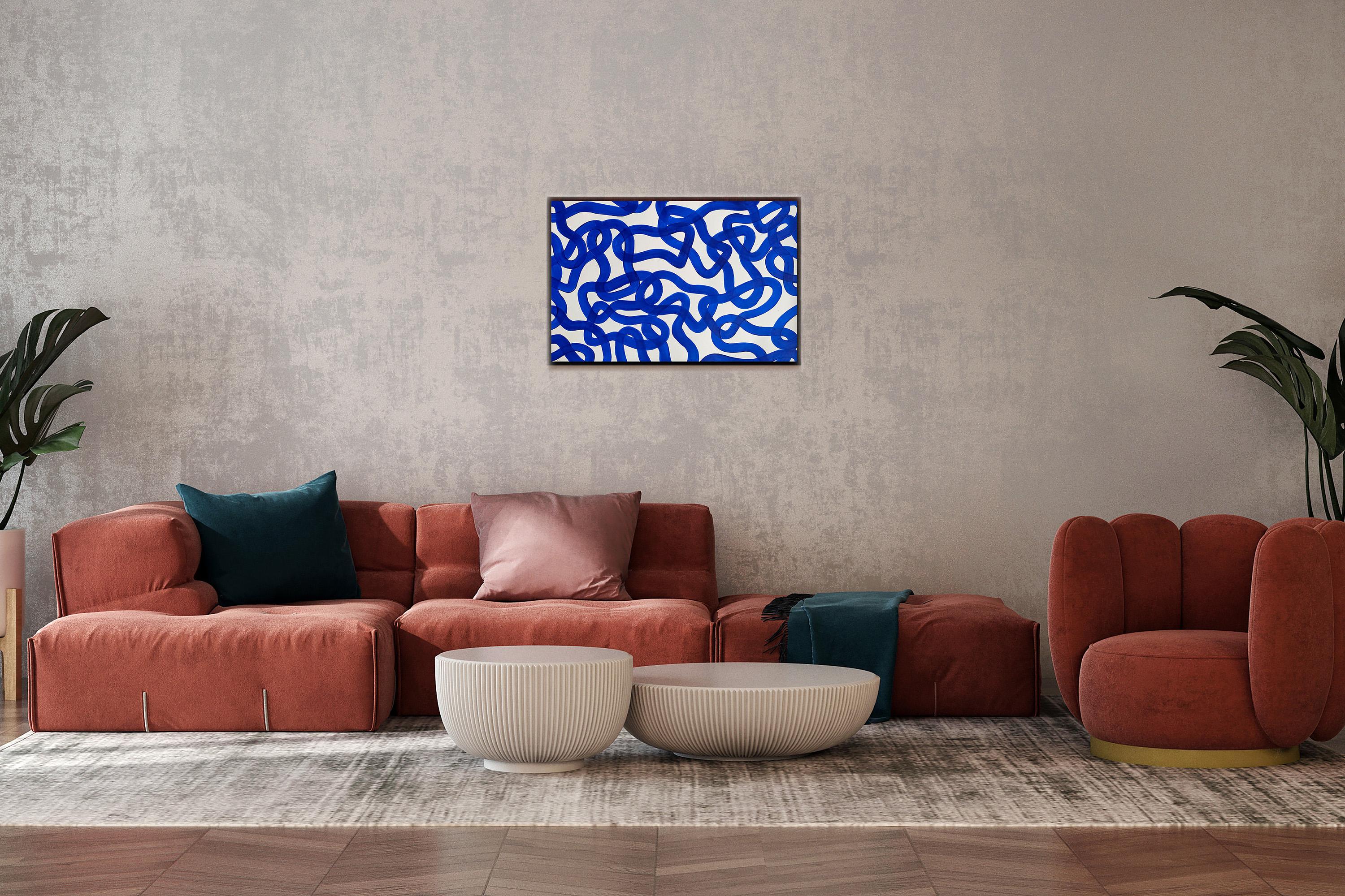 Marina, Coastal Painting of Abstract Fish Patterns, White and Blue Brushstrokes 1