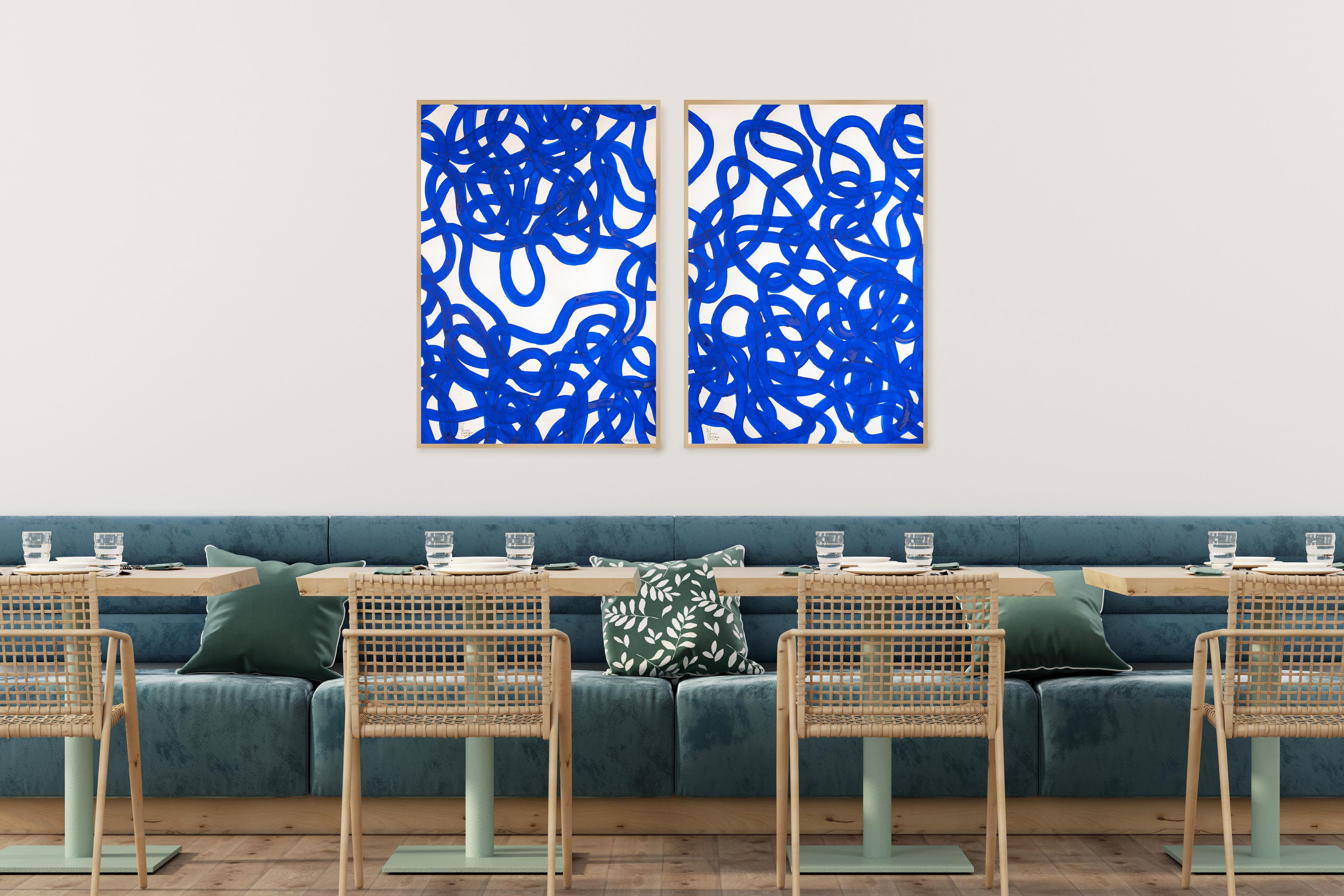 Dittico di Marina, Gesti astratti di mare in blu, pittura acrilica su carta - Painting di Enric Servera