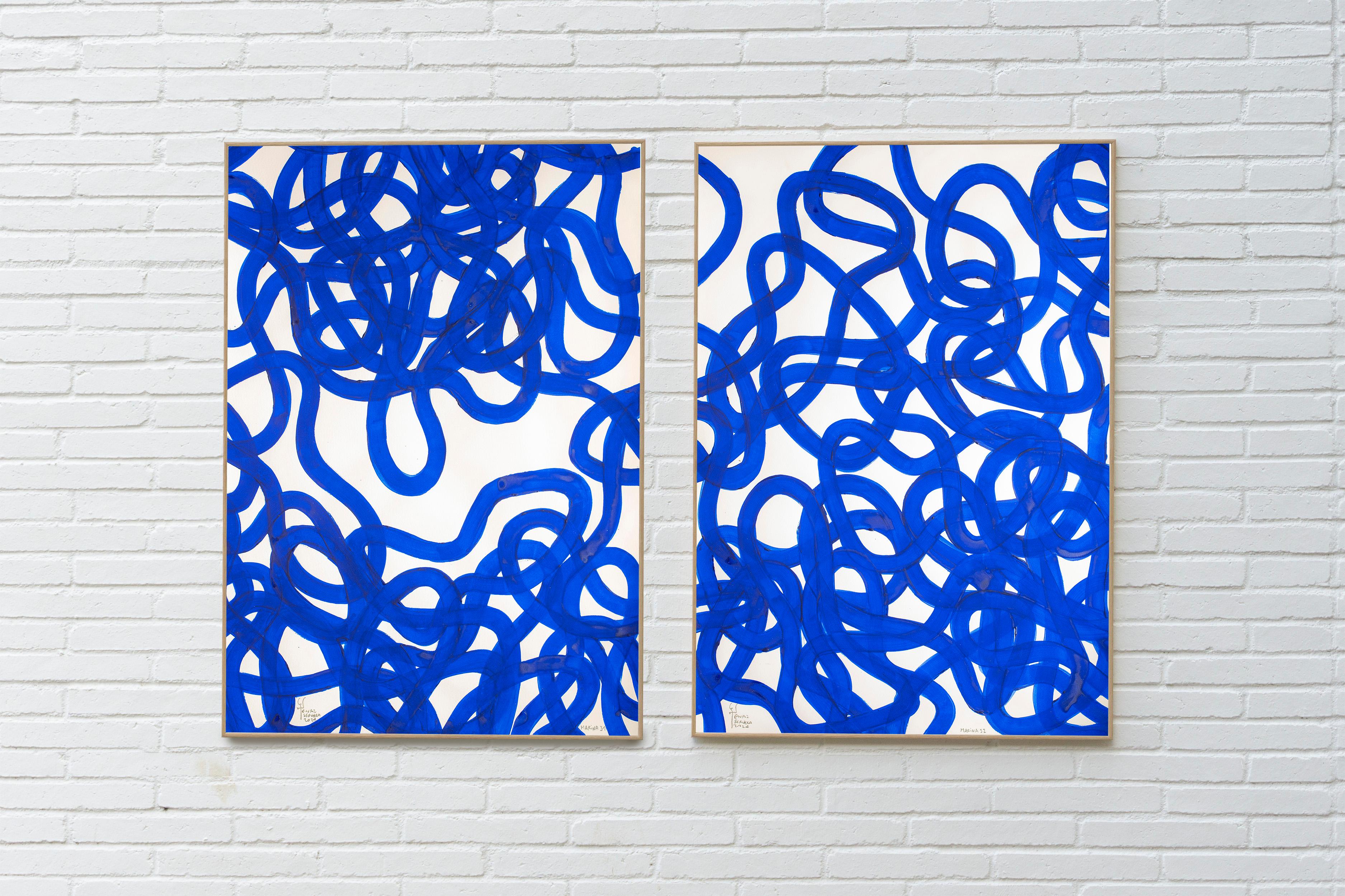 Dittico di Marina, Gesti astratti di mare in blu, pittura acrilica su carta - Painting Espressionista di Enric Servera