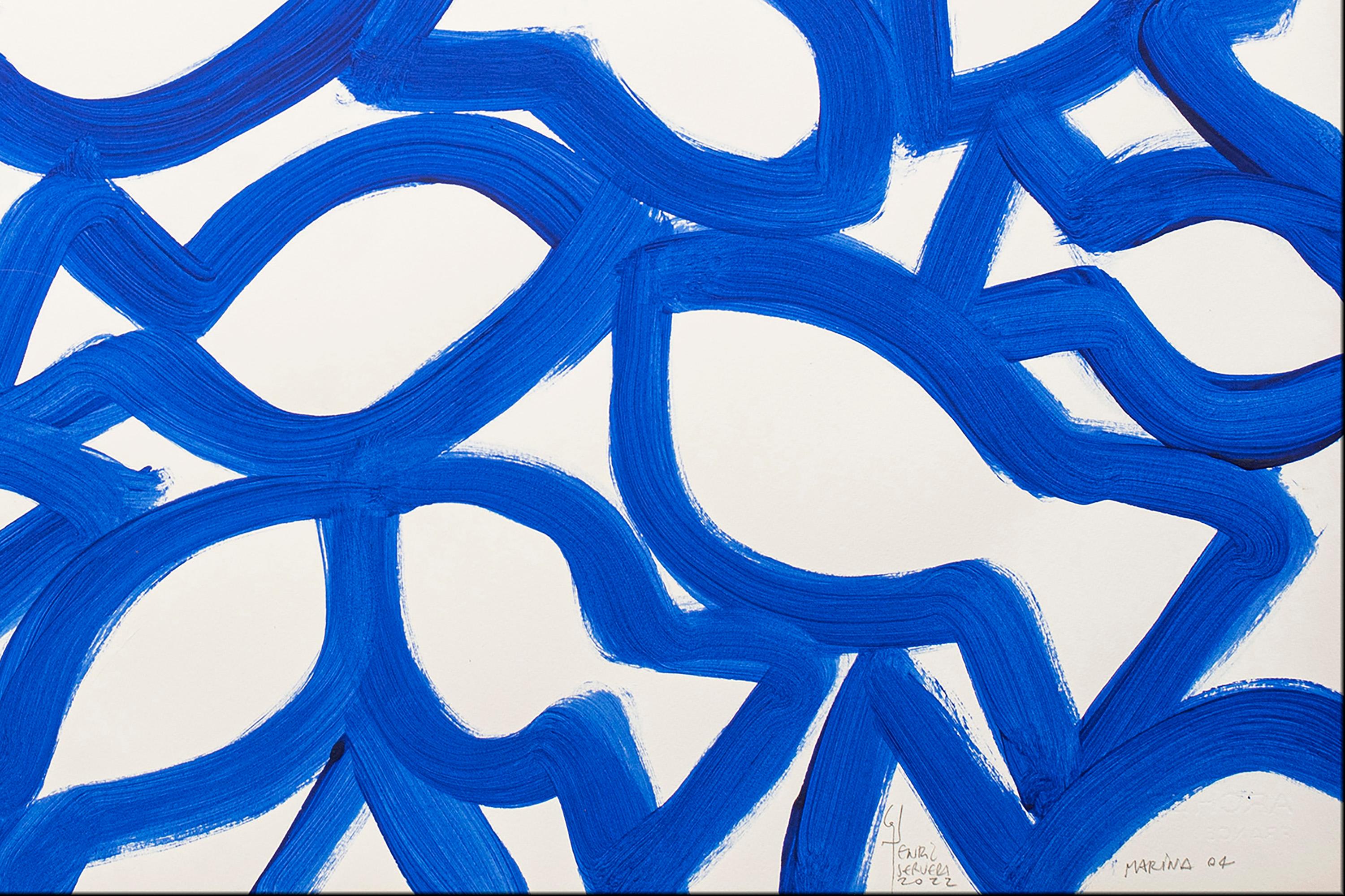 Marina Triptychon, Abstrakte Fischformen auf Papier, mediterranes blau-weißes Muster im Angebot 7