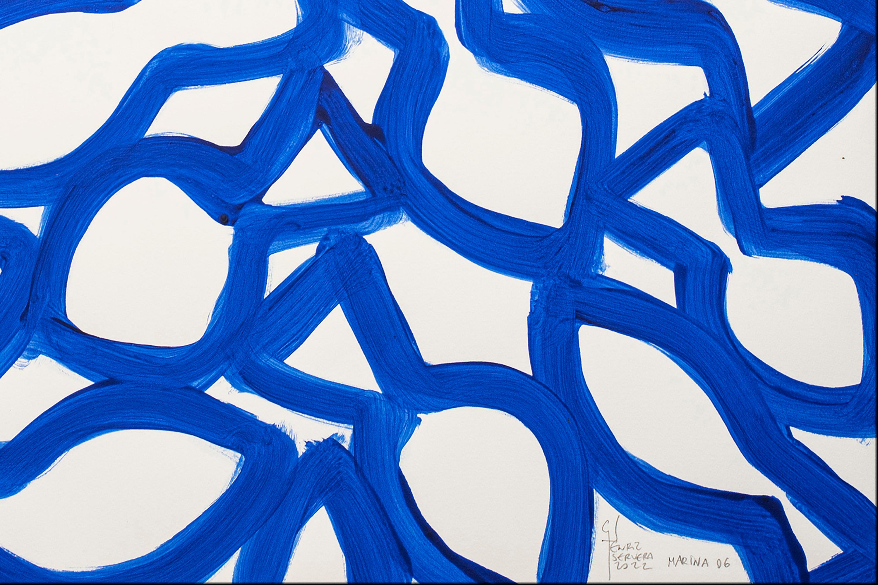 Marina Triptychon, Abstrakte Fischformen auf Papier, mediterranes blau-weißes Muster im Angebot 8
