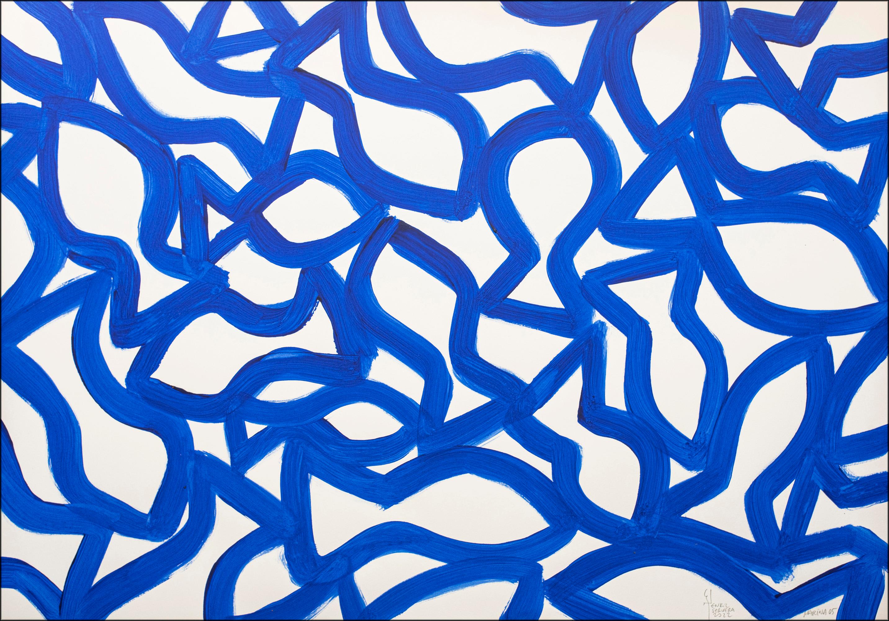 Marina Triptychon, Abstrakte Fischformen auf Papier, mediterranes blau-weißes Muster im Angebot 1