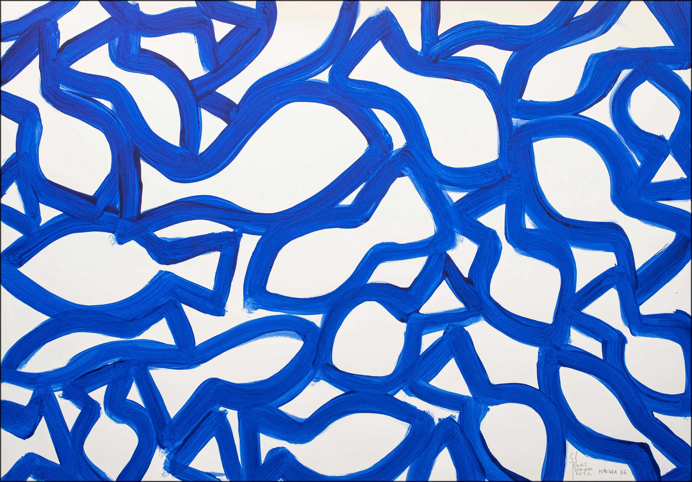 Marina Triptychon, Abstrakte Fischformen auf Papier, mediterranes blau-weißes Muster im Angebot 2