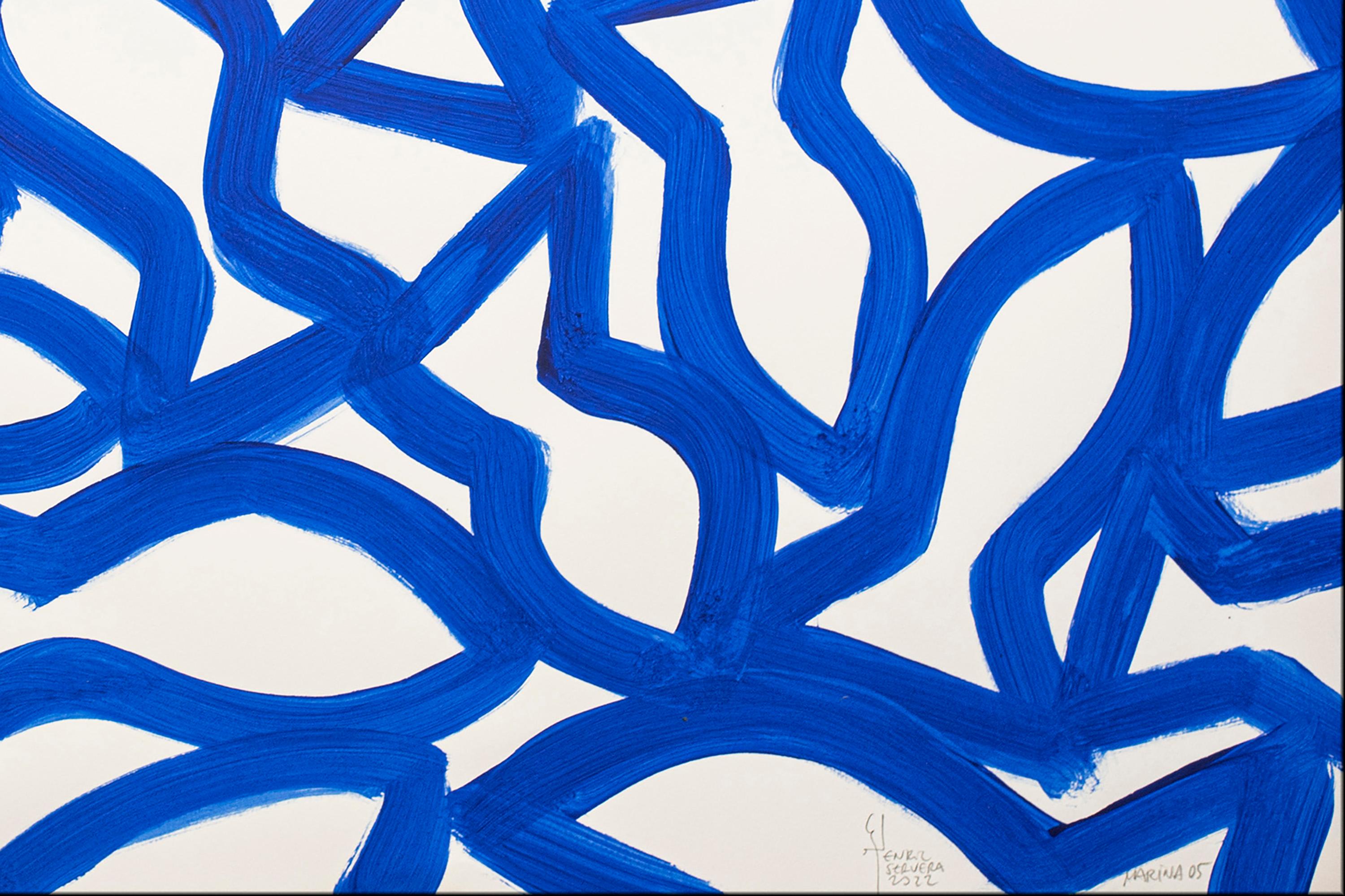 Marina Triptychon, Abstrakte Fischformen auf Papier, mediterranes blau-weißes Muster im Angebot 4