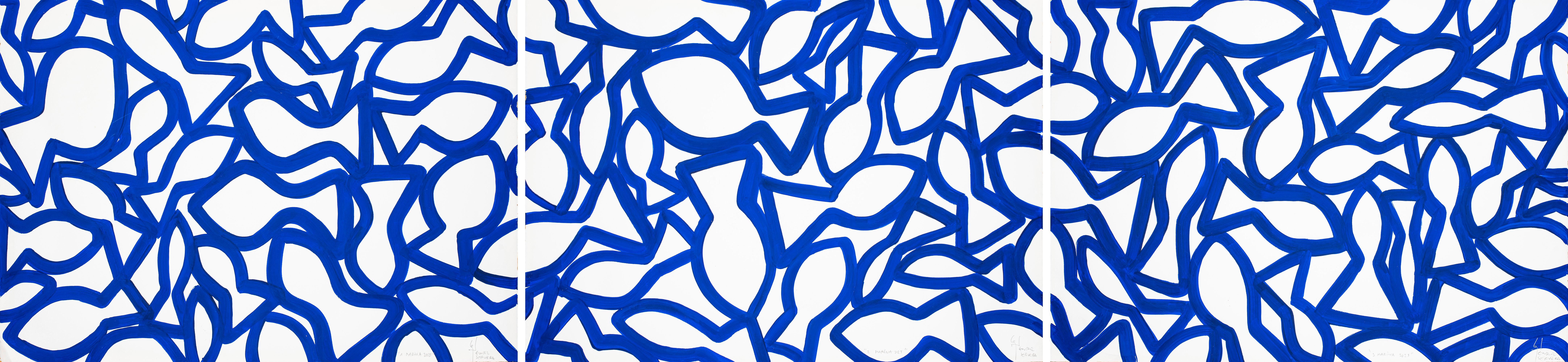 Animal Painting de Enric Servera - Tríptico Marina, Formas Abstractas de Peces sobre Papel, Patrón Blanco Azul Mediterráneo