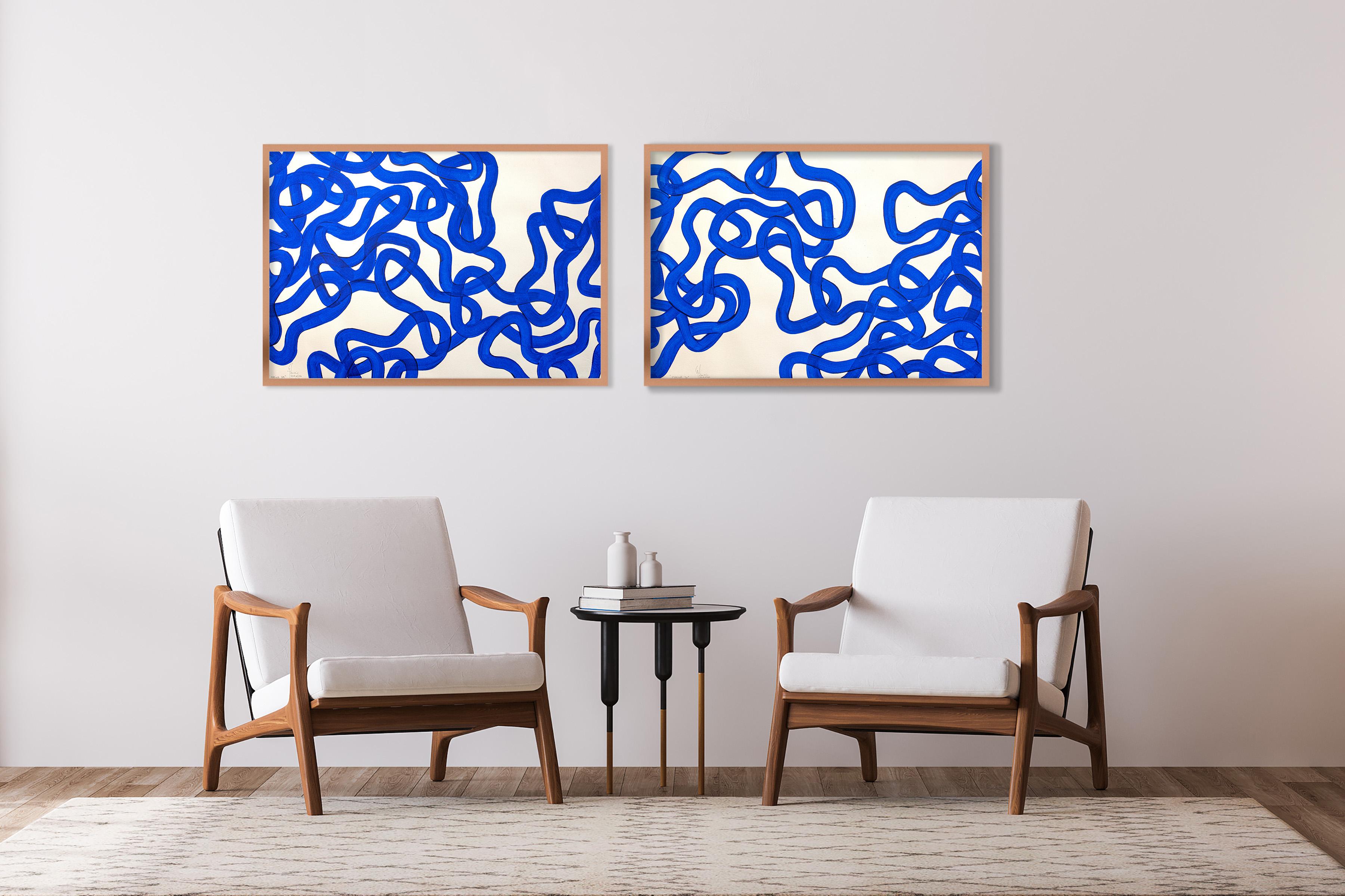 Dittico blu marino, Gesti astratti di pesci, Pittura di Marin - Painting di Enric Servera