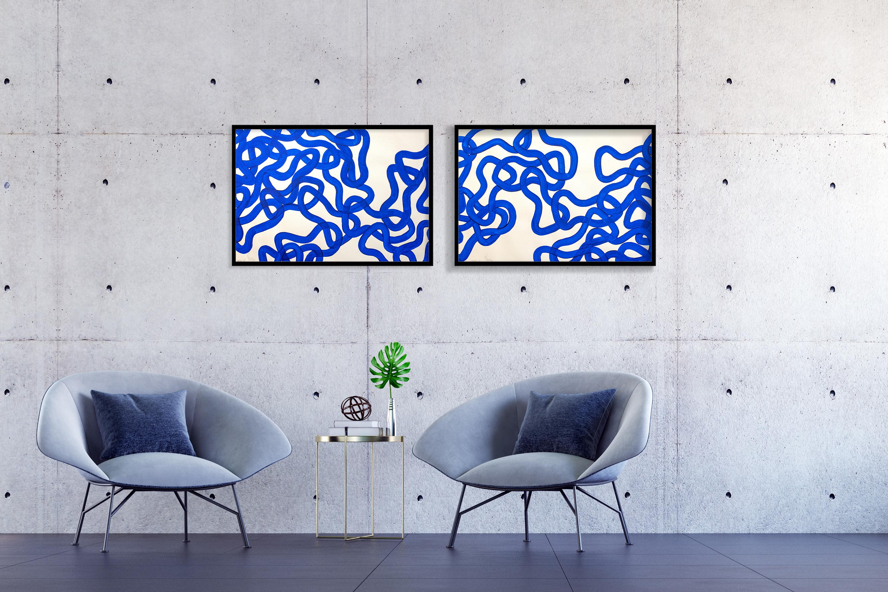 Dittico blu marino, Gesti astratti di pesci, Pittura di Marin - Painting Espressionista di Enric Servera
