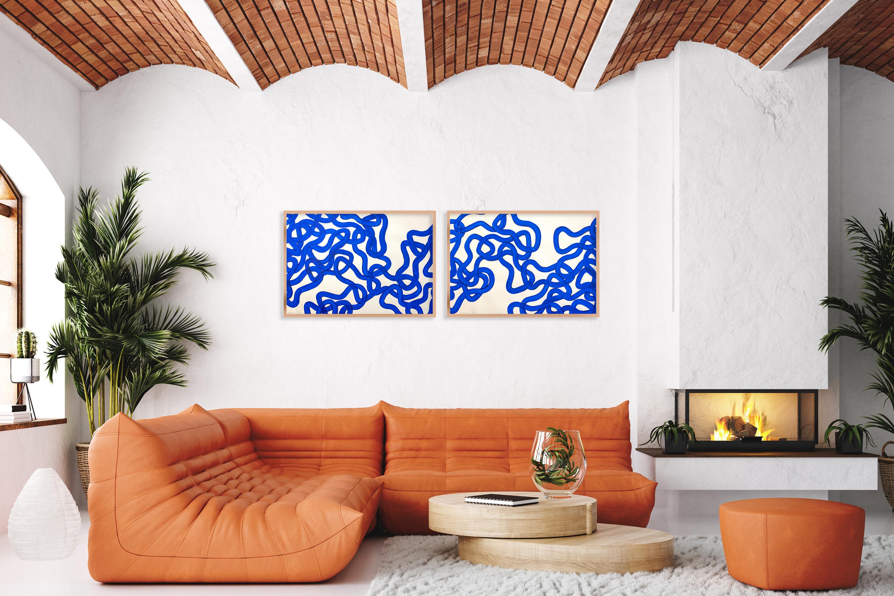 Dittico blu marino, Gesti astratti di pesci, Pittura di Marin in vendita 1