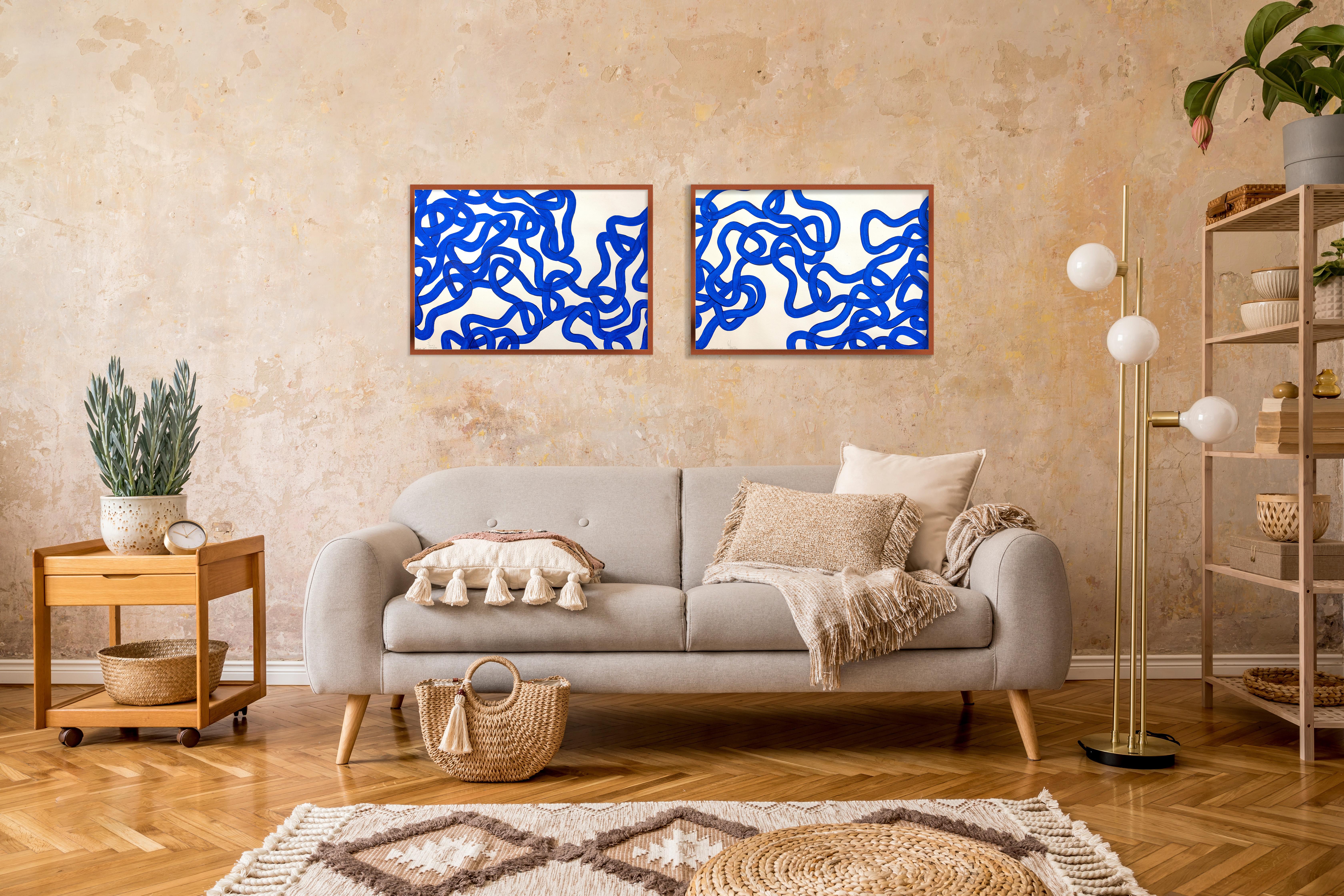 Dittico blu marino, Gesti astratti di pesci, Pittura di Marin in vendita 2
