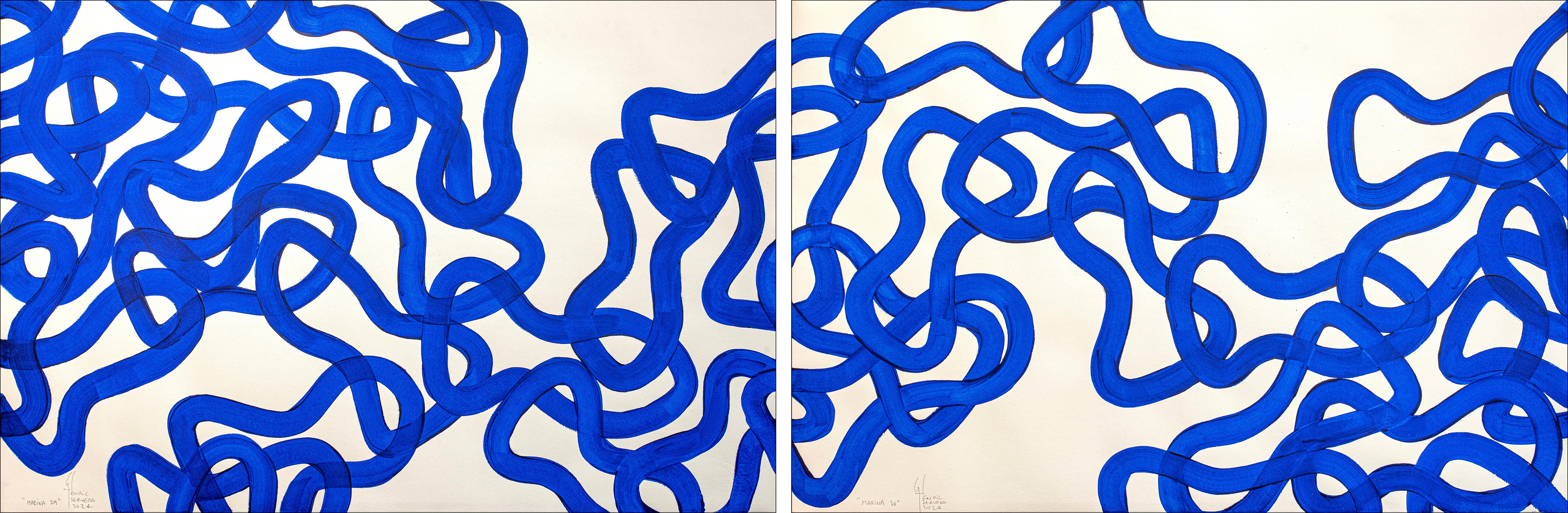 Diptyque bleu marine, gestes abstraits à motif de poissons, peinture marine méditerranéenne