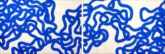 Díptico Azul Marino, Gestos Abstractos de Patrones de Peces, Pintura Marina Mediterránea