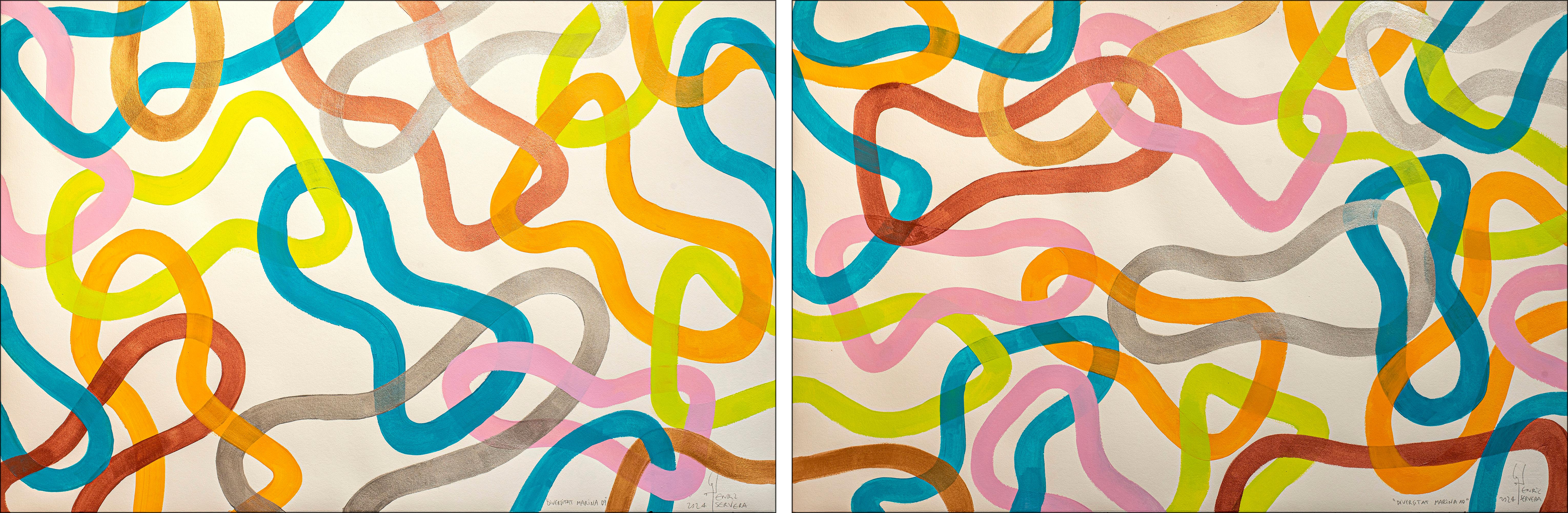 Marine Diversity Diptych, Abstract Colourful Fish Patterns, Vivid Tones Gestures