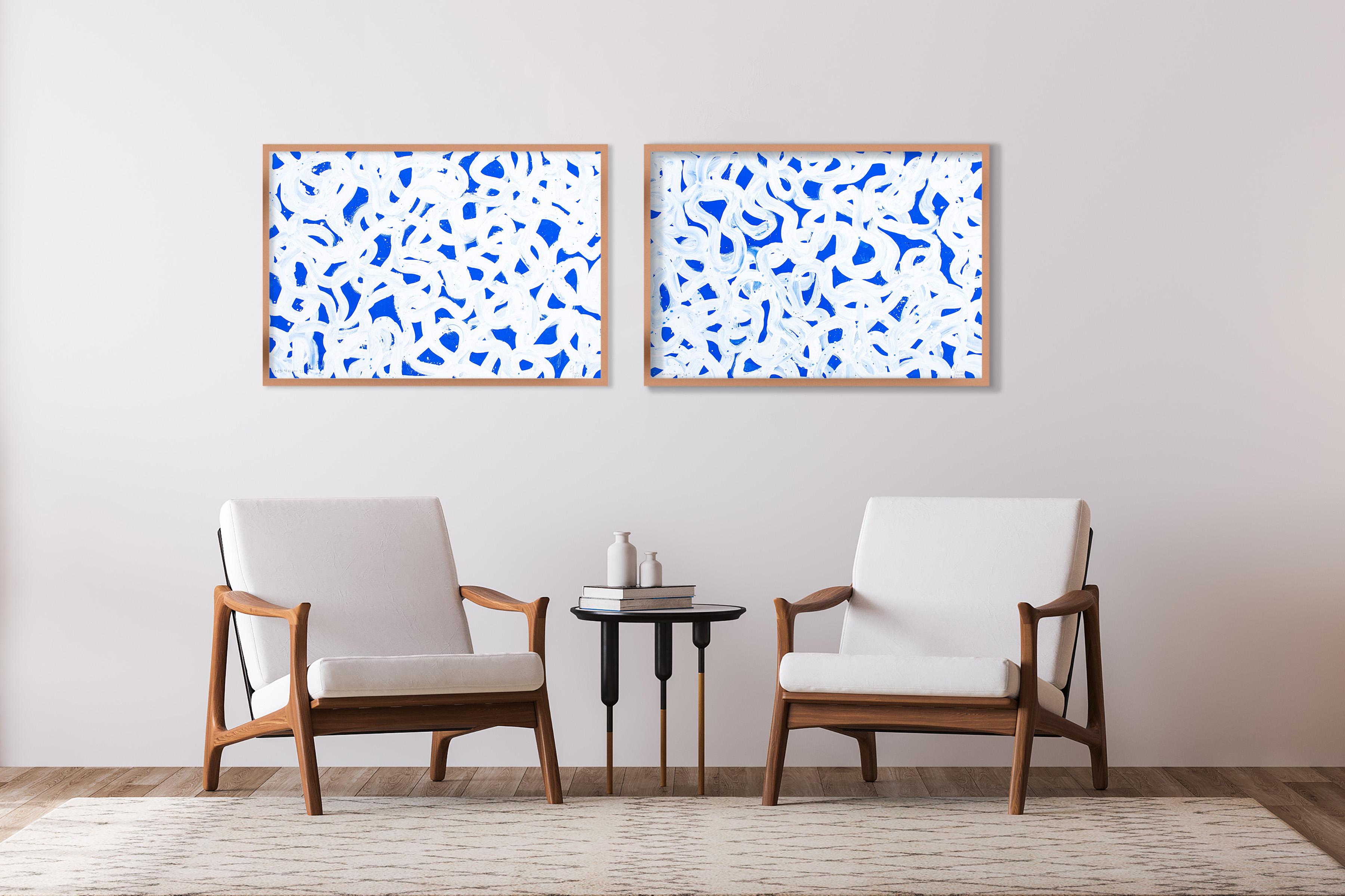 Mediterranean Abstract Patterns Seascape, Horizontal Diptych in Blue and White - Painting by Enric Servera