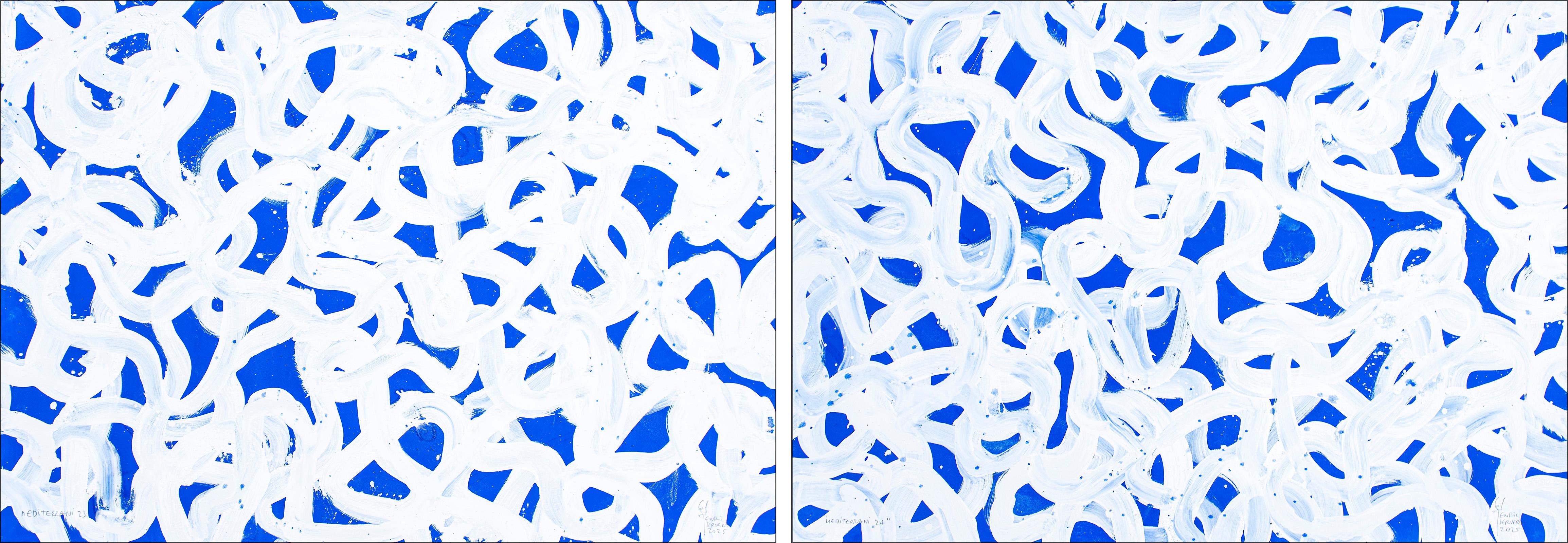 Mediterranean Abstract Patterns Seascape, Horizontal Diptych in Blue and White - Minimalist Painting by Enric Servera