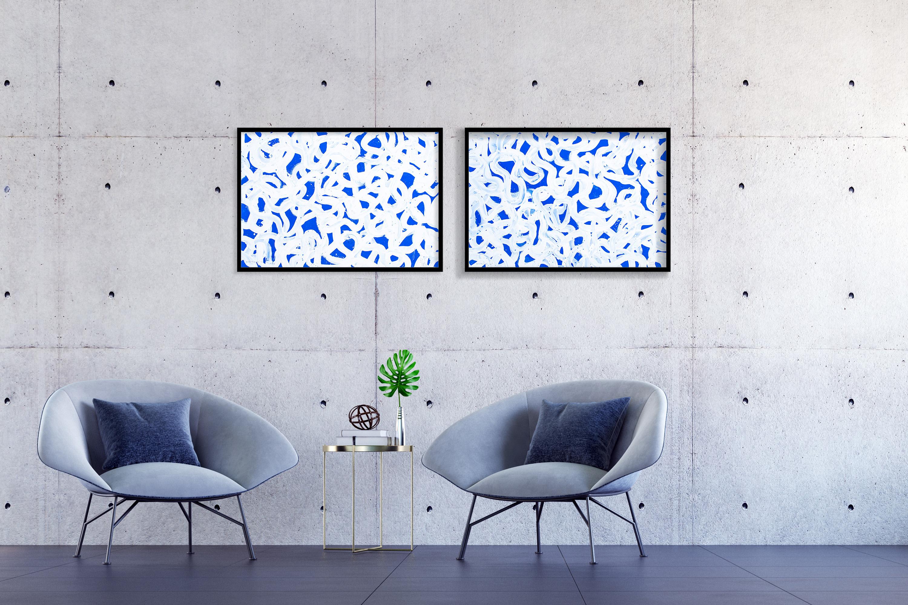 Mediterranean Abstract Patterns Seascape, Horizontal Diptych in Blue and White - Gray Animal Painting by Enric Servera