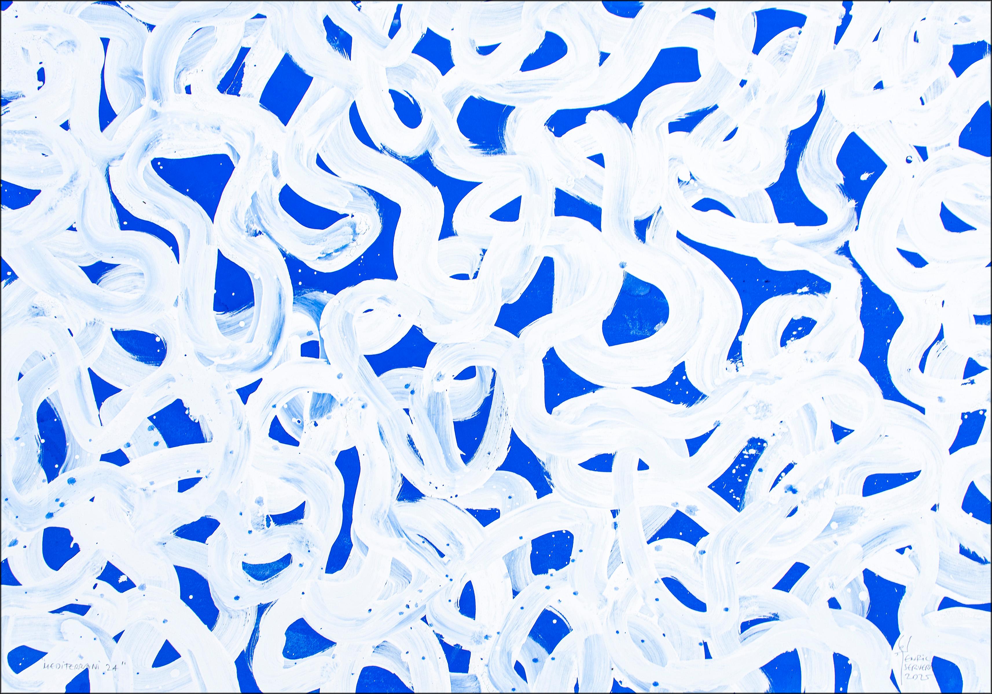 Mediterranean Abstract Patterns Seascape, Horizontal Diptych in Blue and White For Sale 1