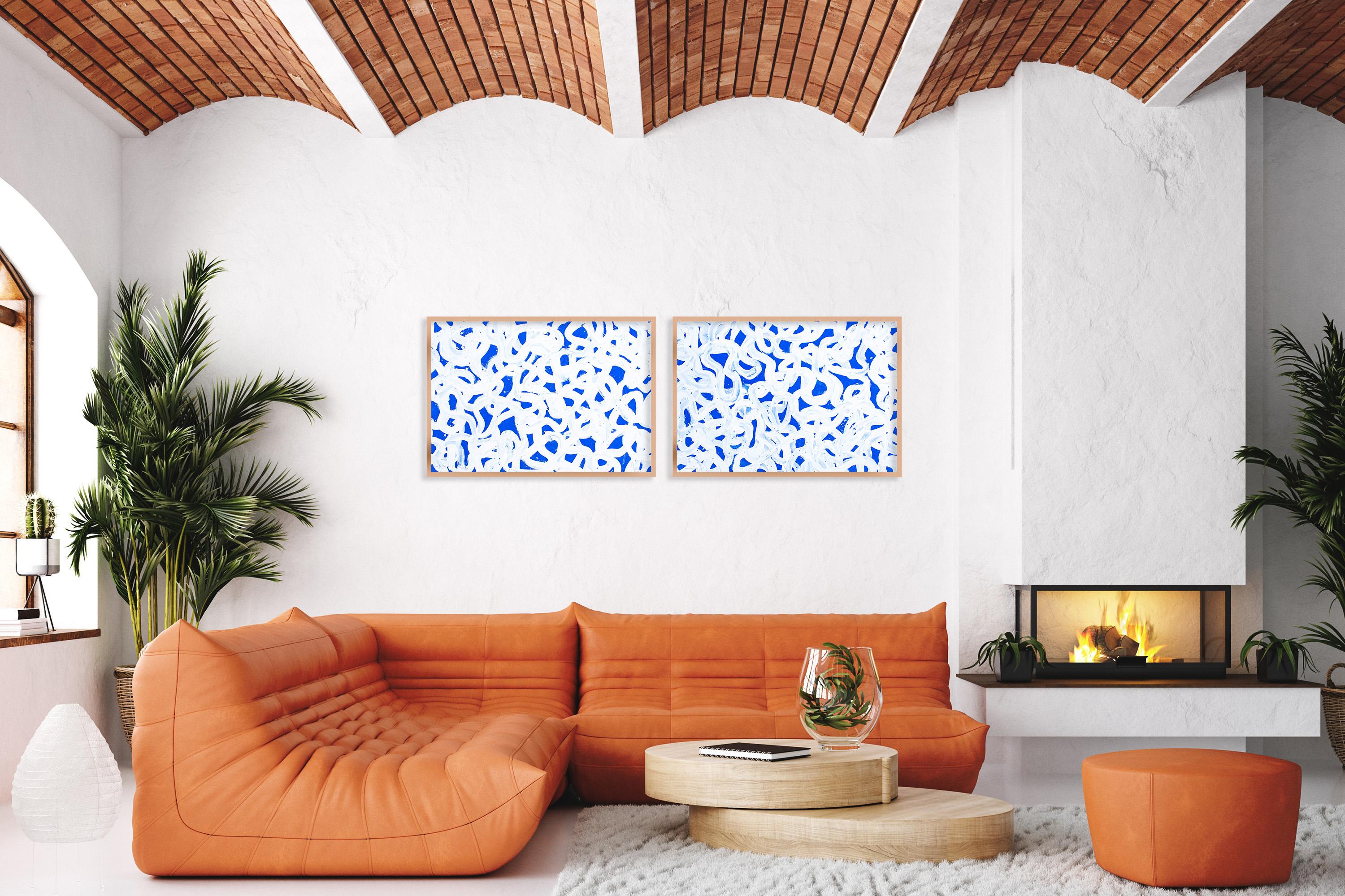 Mediterranean Abstract Patterns Seascape, Horizontal Diptych in Blue and White For Sale 2