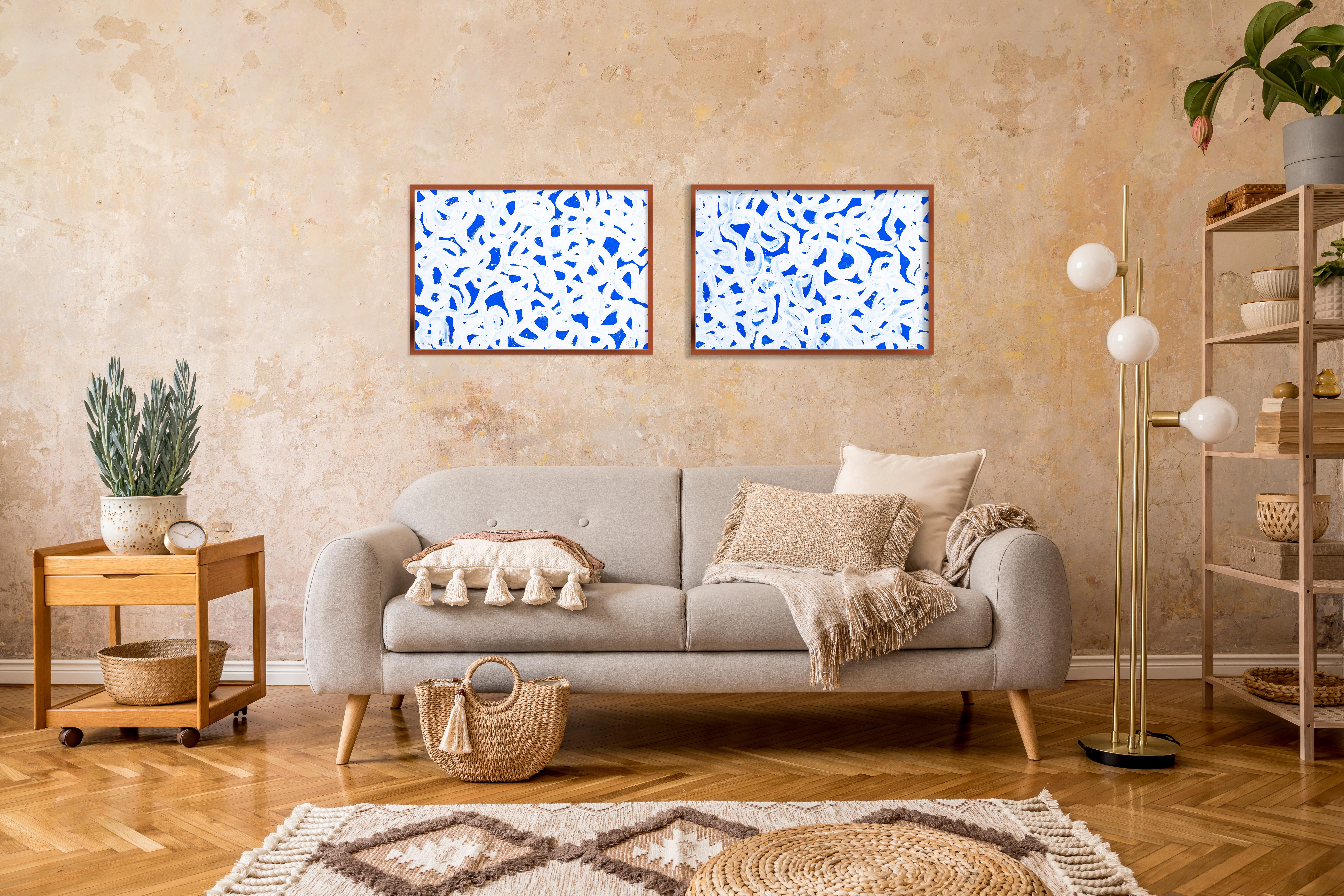 Mediterranean Abstract Patterns Seascape, Horizontal Diptych in Blue and White For Sale 4