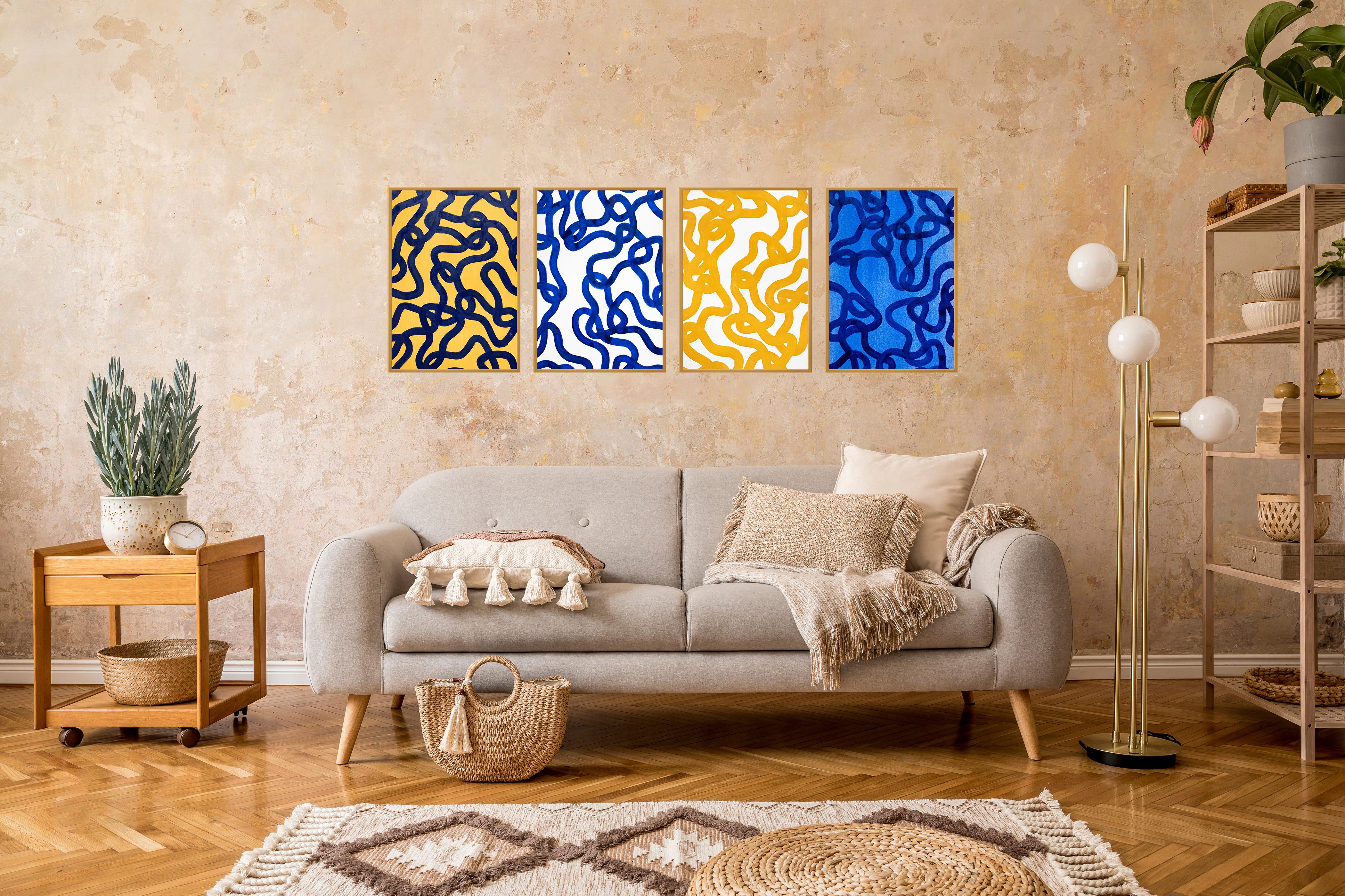 Motifs méditerranéens, bleu, jaune, peinture à plusieurs panneaux, papier, poisson abstrait en vente 5