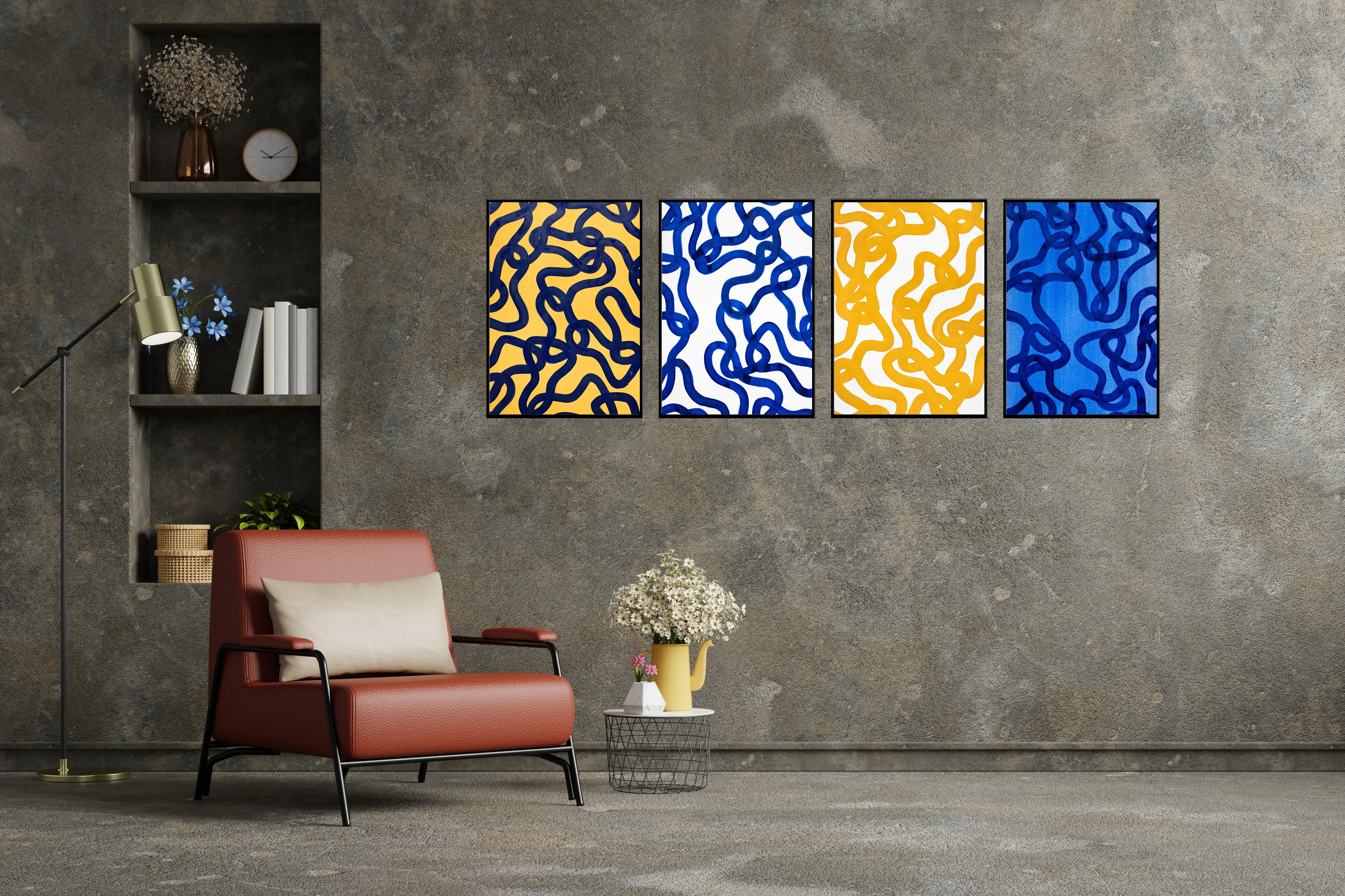 Motifs méditerranéens, bleu, jaune, peinture à plusieurs panneaux, papier, poisson abstrait en vente 6
