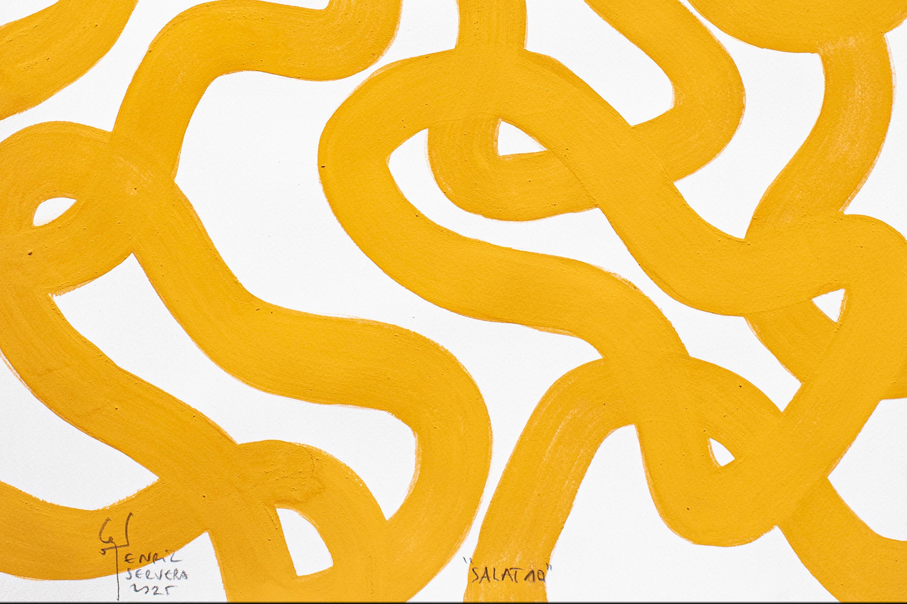 Motifs méditerranéens, bleu, jaune, peinture à plusieurs panneaux, papier, poisson abstrait en vente 7