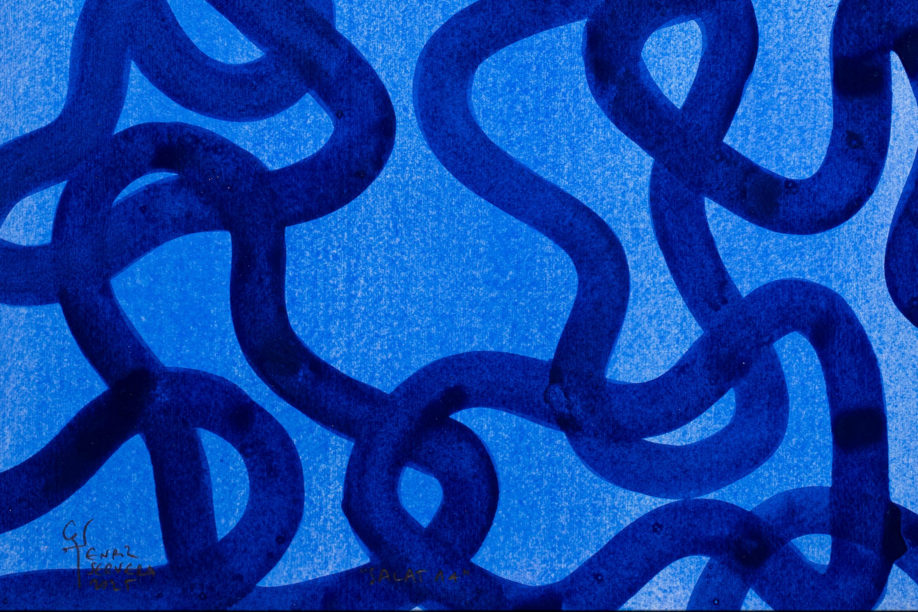 Motifs méditerranéens, bleu, jaune, peinture à plusieurs panneaux, papier, poisson abstrait en vente 8