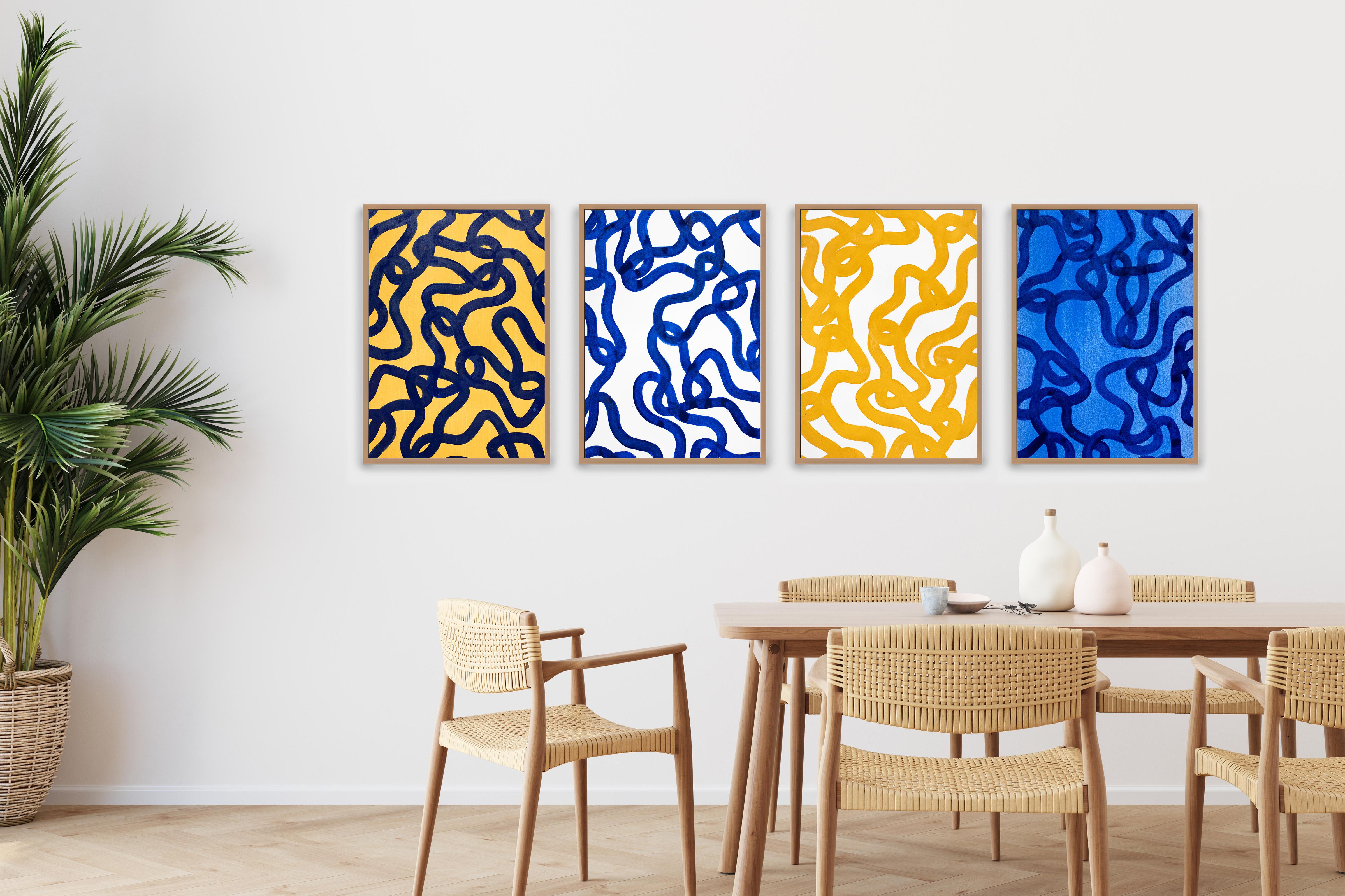 Motifs méditerranéens, bleu, jaune, peinture à plusieurs panneaux, papier, poisson abstrait - Painting de Enric Servera