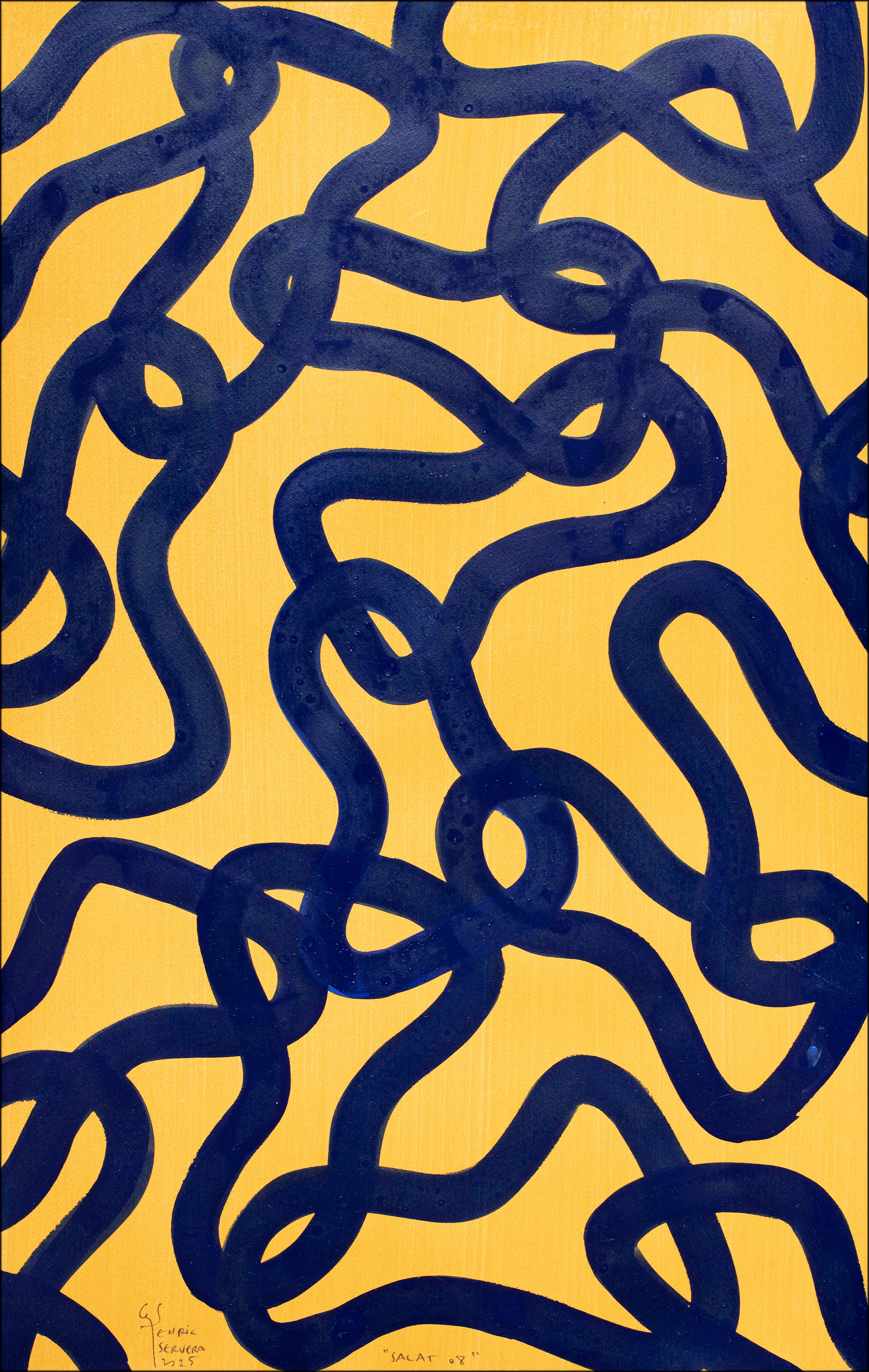 Motifs méditerranéens, bleu, jaune, peinture à plusieurs panneaux, papier, poisson abstrait - Minimaliste Painting par Enric Servera