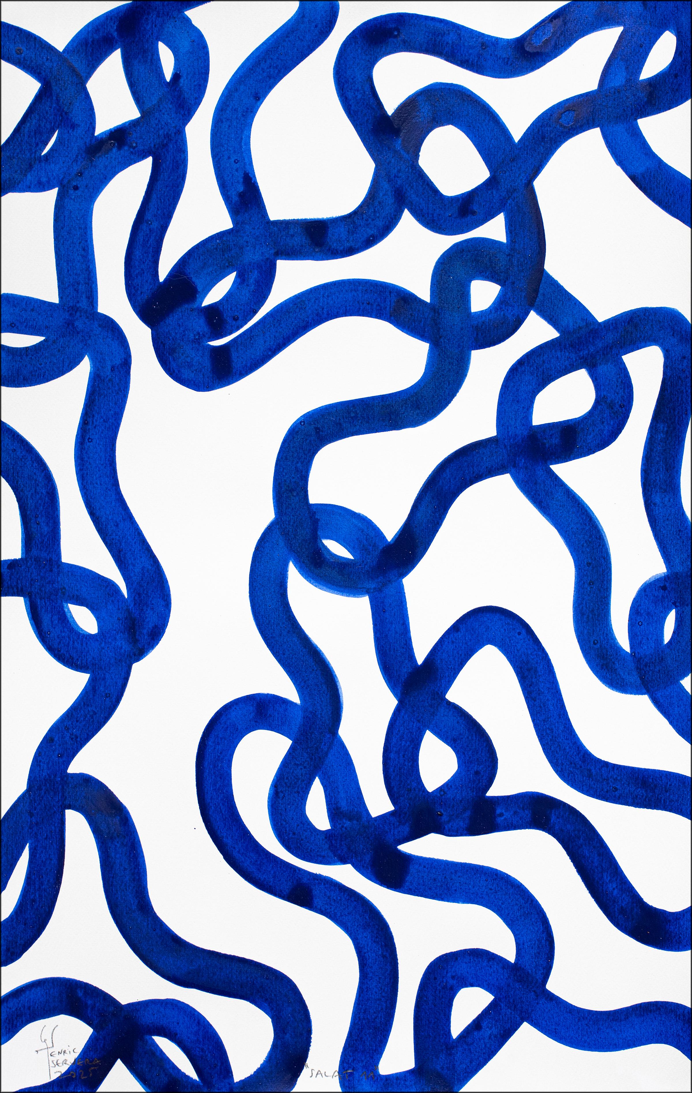 Motifs méditerranéens, bleu, jaune, peinture à plusieurs panneaux, papier, poisson abstrait - Bleu Animal Painting par Enric Servera