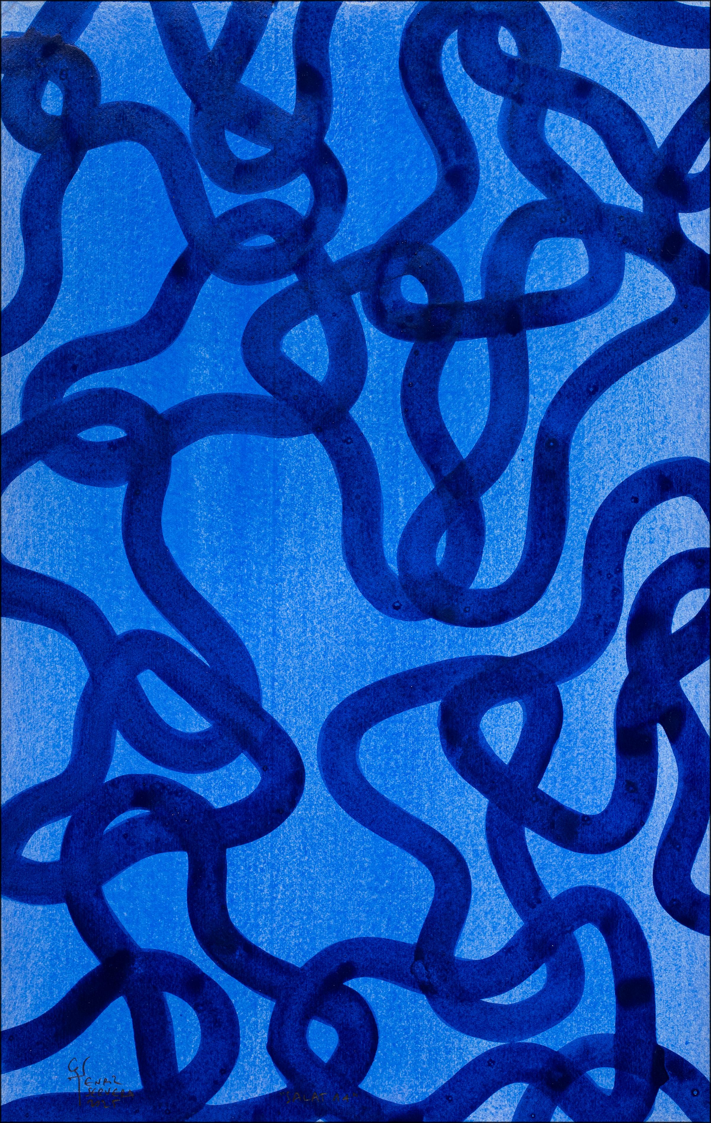 Motifs méditerranéens, bleu, jaune, peinture à plusieurs panneaux, papier, poisson abstrait en vente 1