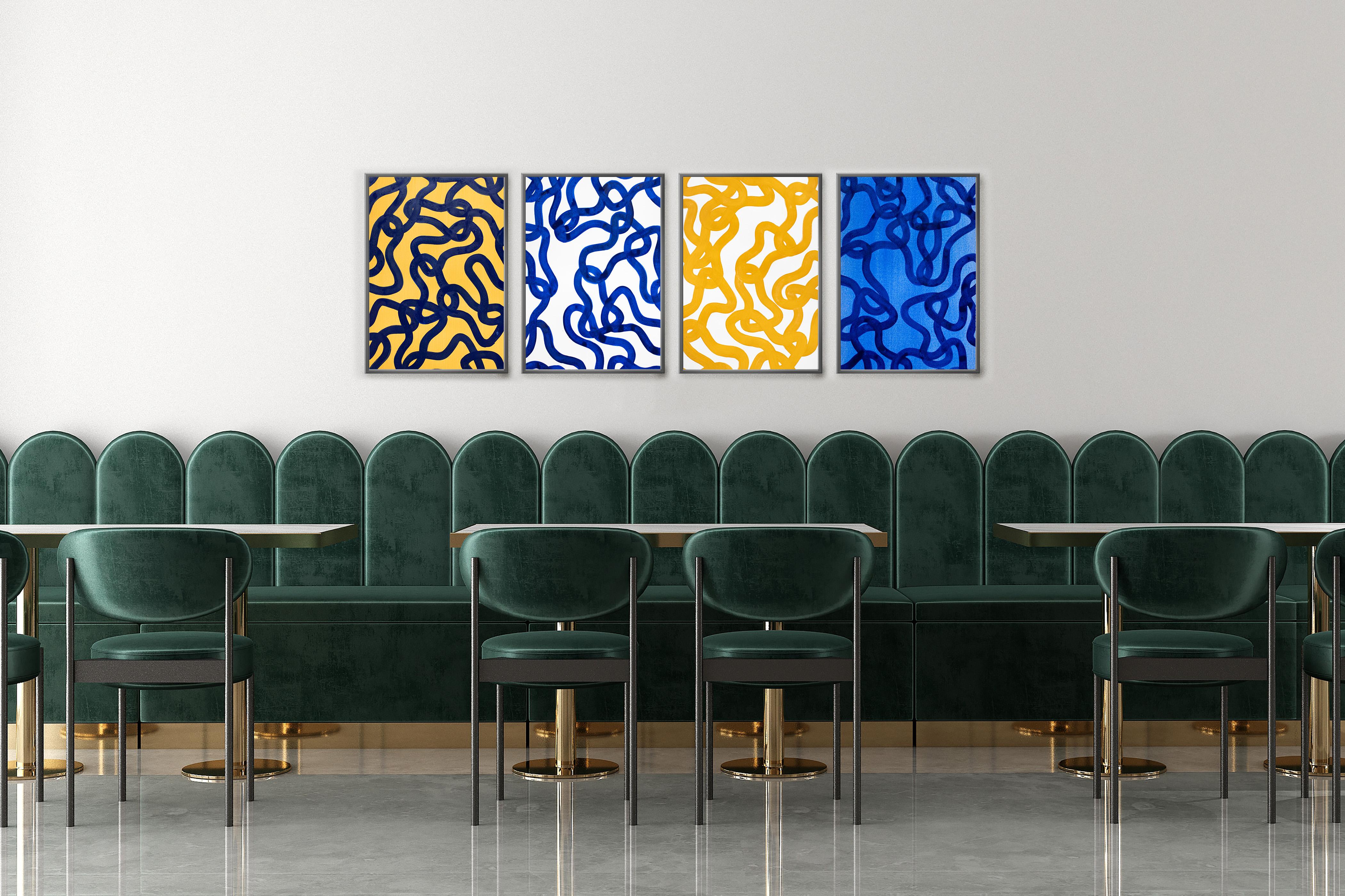 Motifs méditerranéens, bleu, jaune, peinture à plusieurs panneaux, papier, poisson abstrait en vente 2