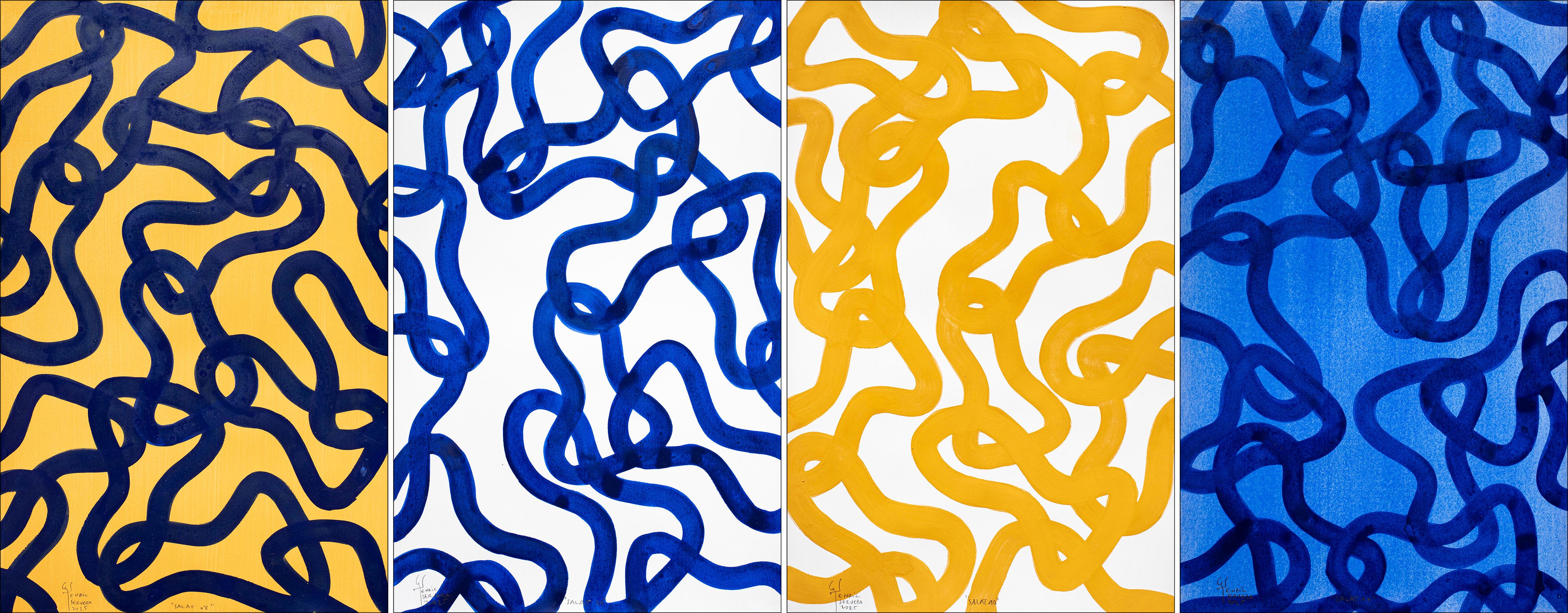 Animal Painting Enric Servera - Motifs méditerranéens, bleu, jaune, peinture à plusieurs panneaux, papier, poisson abstrait