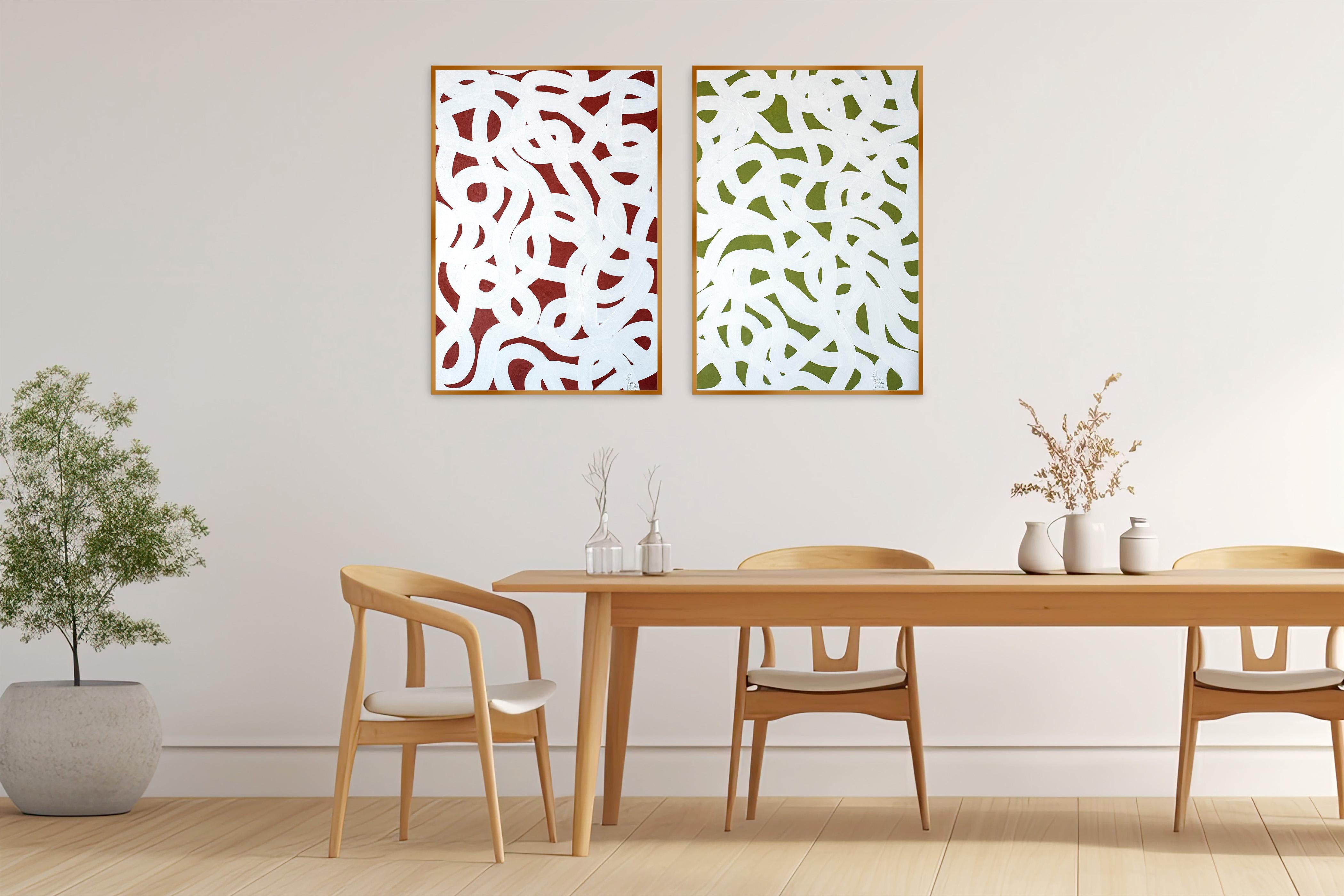Díptico de motivos mediterráneos, gestos abstractos rojos y verdes, paisaje marino moderno - Painting de Enric Servera
