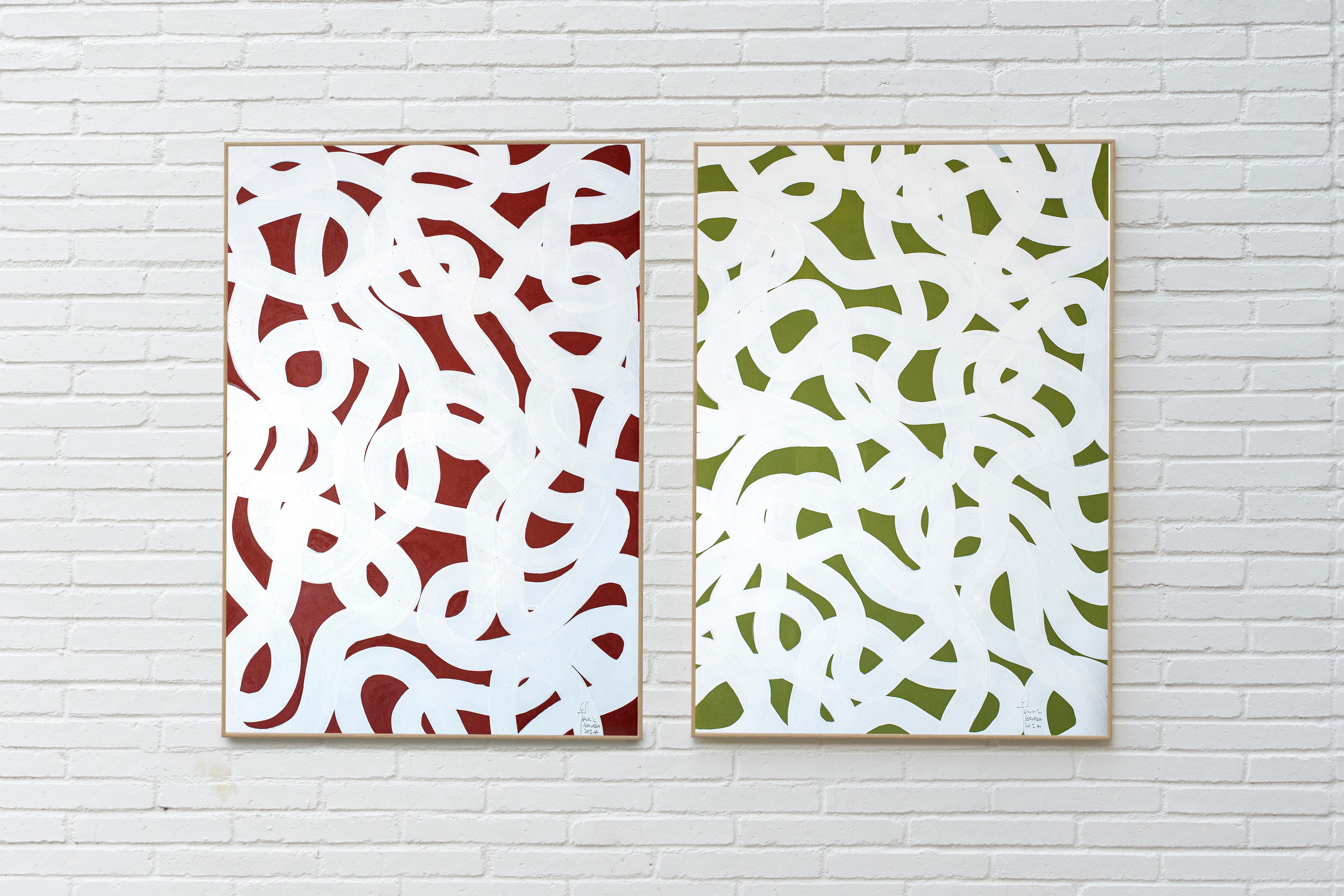 Díptico de motivos mediterráneos, gestos abstractos rojos y verdes, paisaje marino moderno - Painting Contemporáneo de Enric Servera