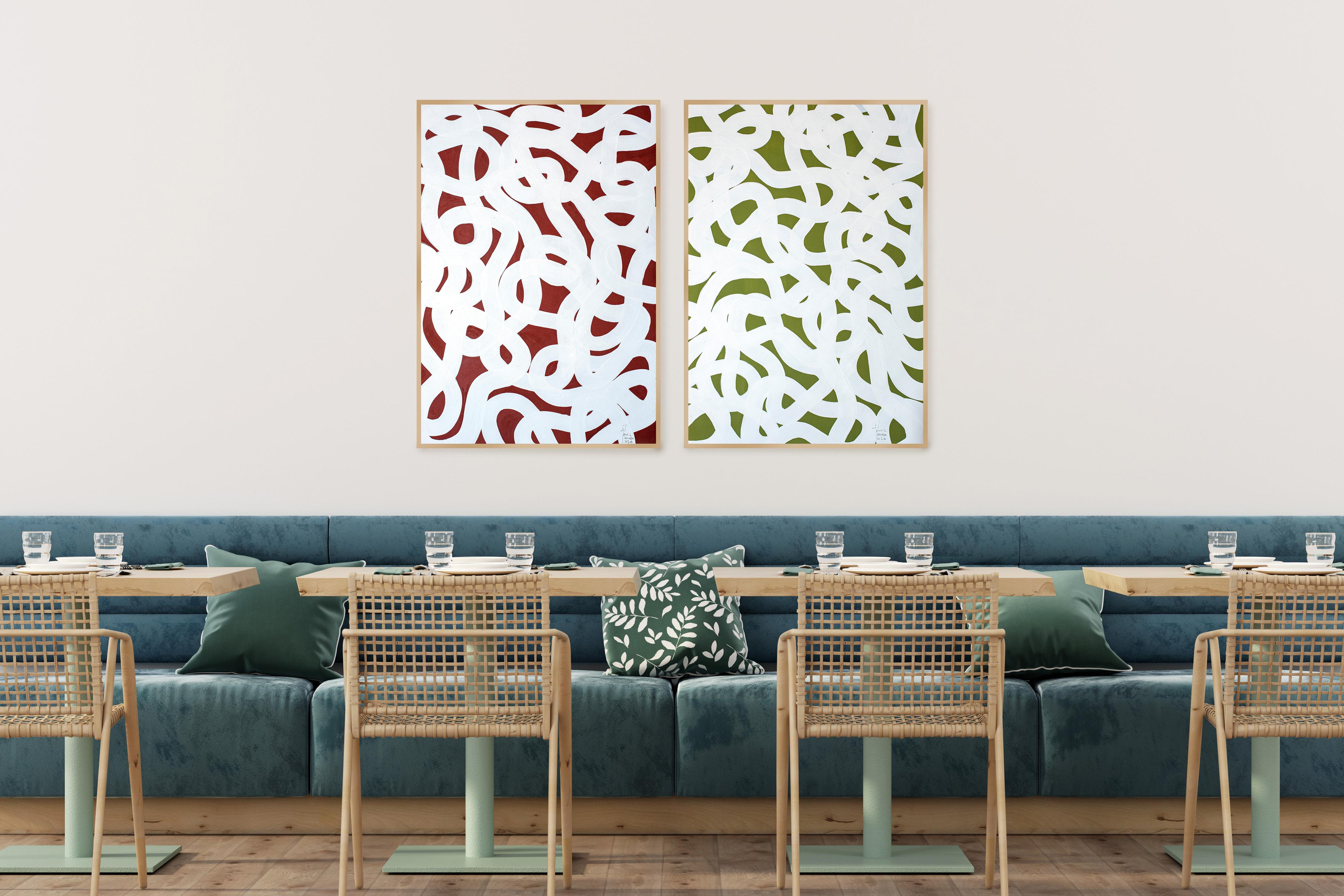 Díptico de motivos mediterráneos, gestos abstractos rojos y verdes, paisaje marino moderno en venta 1
