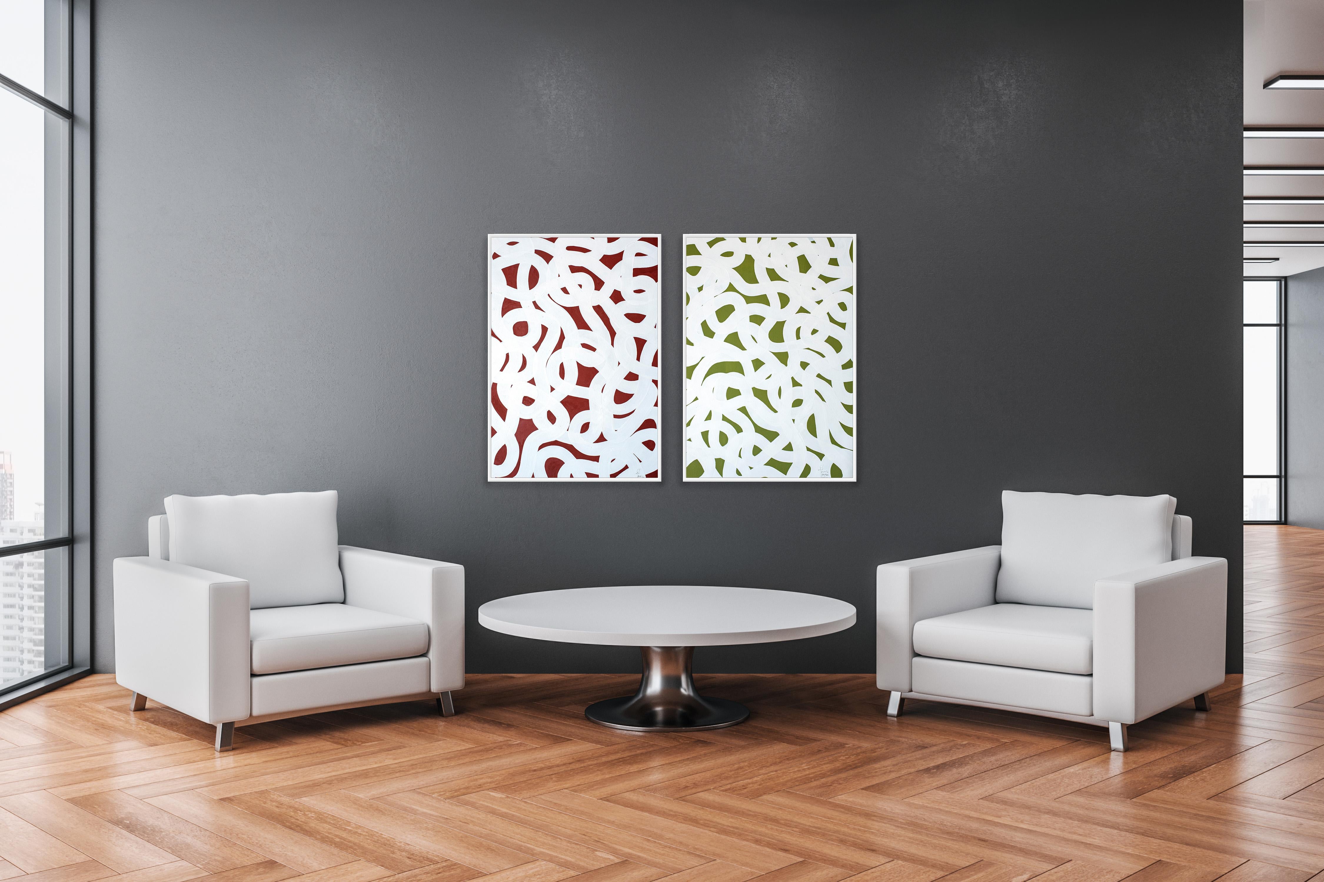 Díptico de motivos mediterráneos, gestos abstractos rojos y verdes, paisaje marino moderno en venta 4