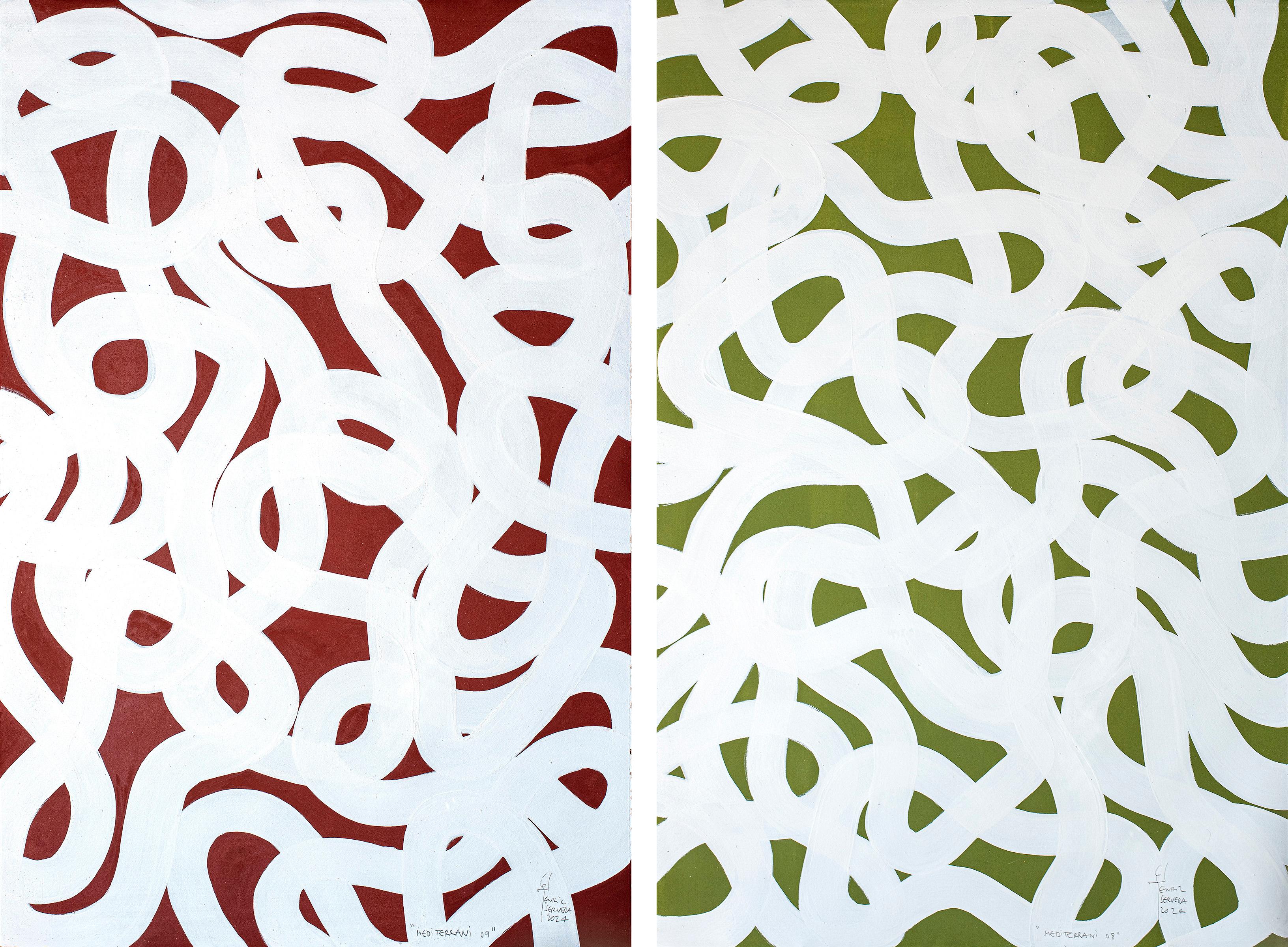 Mediterranean Patterns Diptych, Red & Green Abstract Gestures, Modern Seascape
