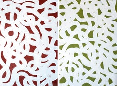 Mediterranean Patterns Diptych, Red & Green Abstract Gestures, Modern Seascape