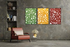 Triptyque méditerranéen, peinture à plusieurs panneaux sur papier, poissons abstraits