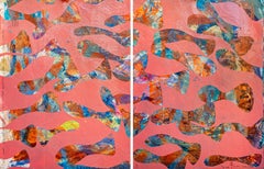 Mirror Sea Diptych, Unique Monotype Painting of Pink Fish Patterns, Art Brut