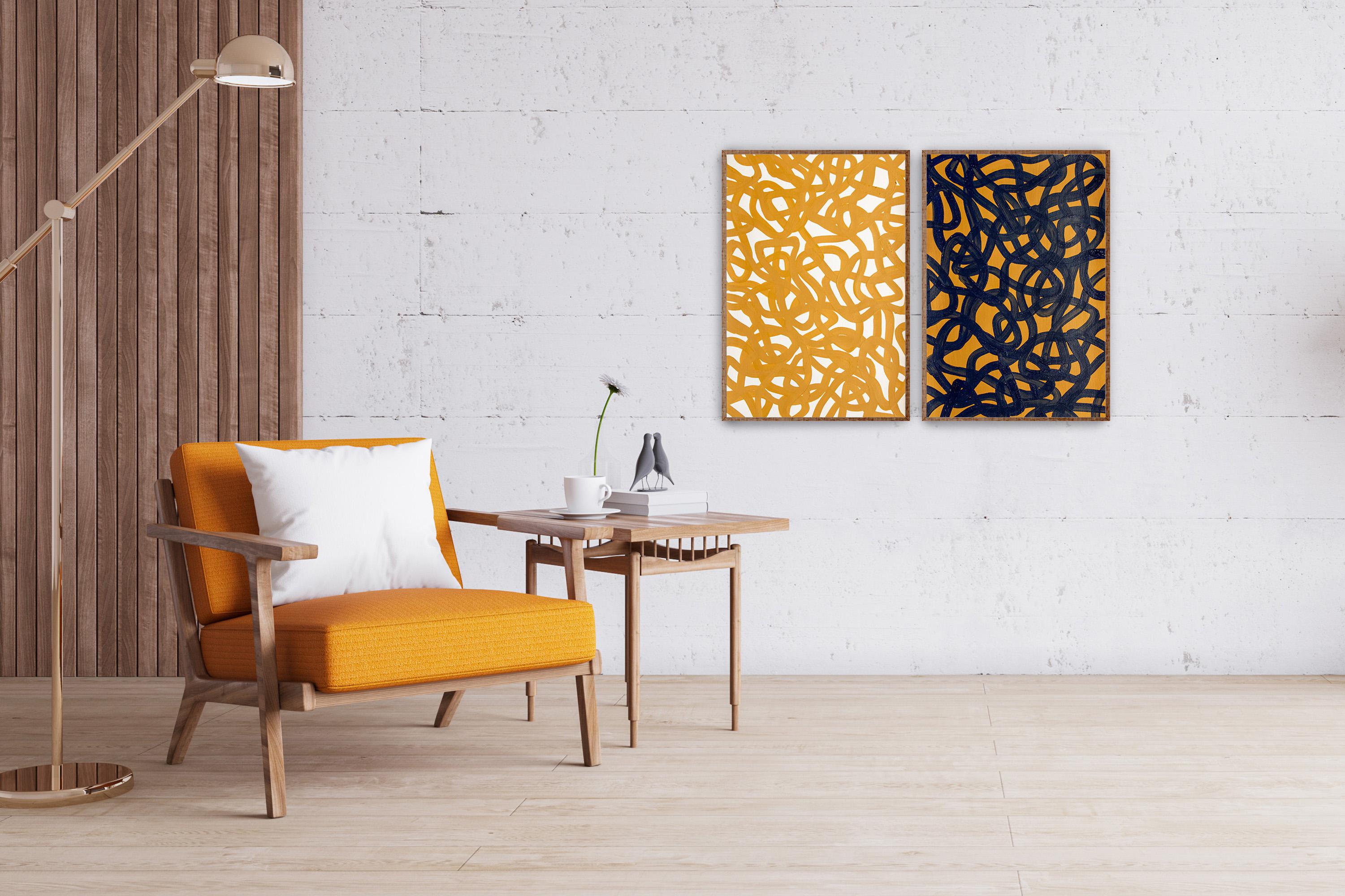 Ochre and Black Diptych, Overlapping White Abstract Fish Gestures, Mediterranean - Painting by Enric Servera