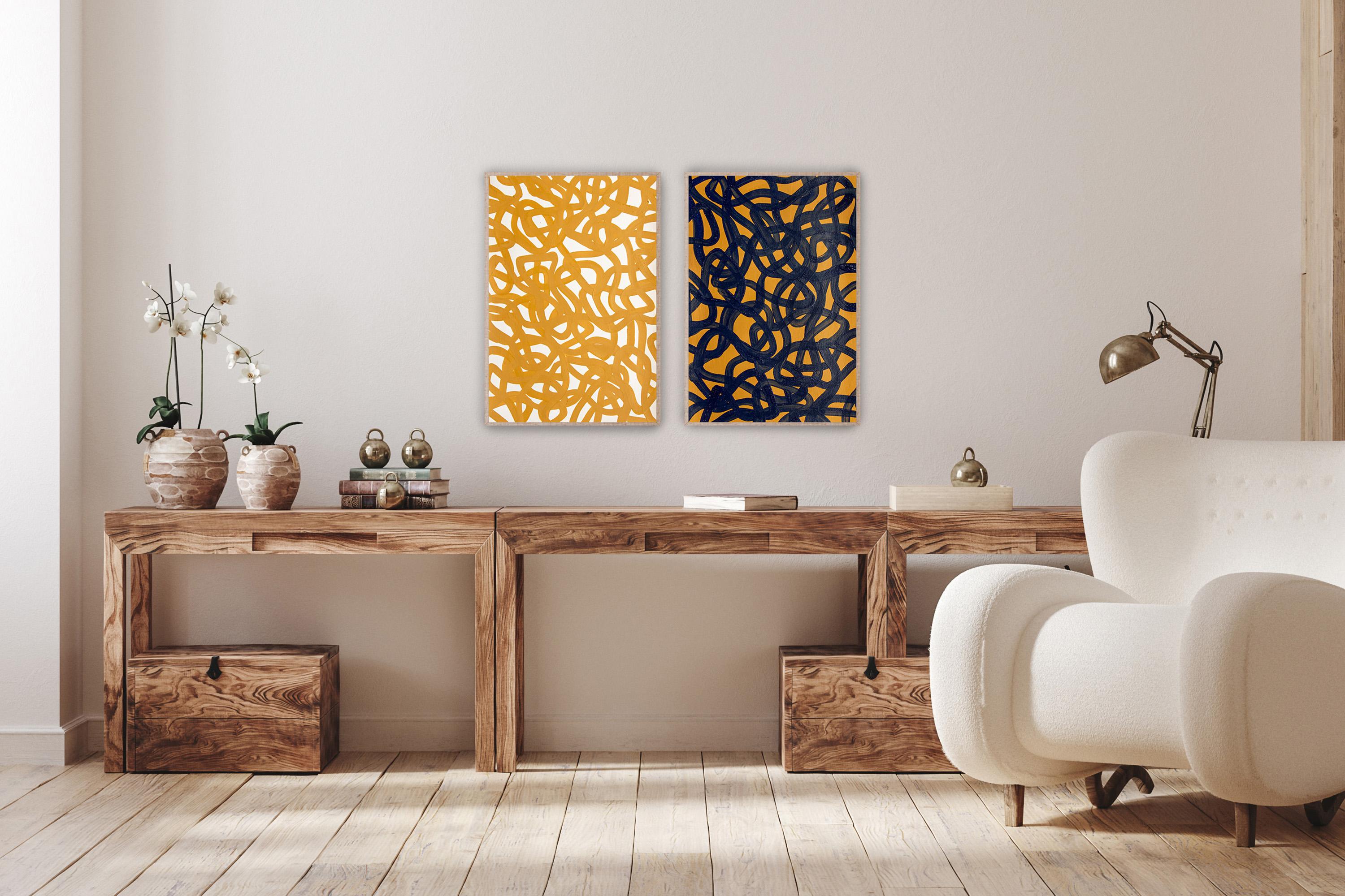 Ochre and Black Diptych, Overlapping White Abstract Fish Gestures, Mediterranean For Sale 2