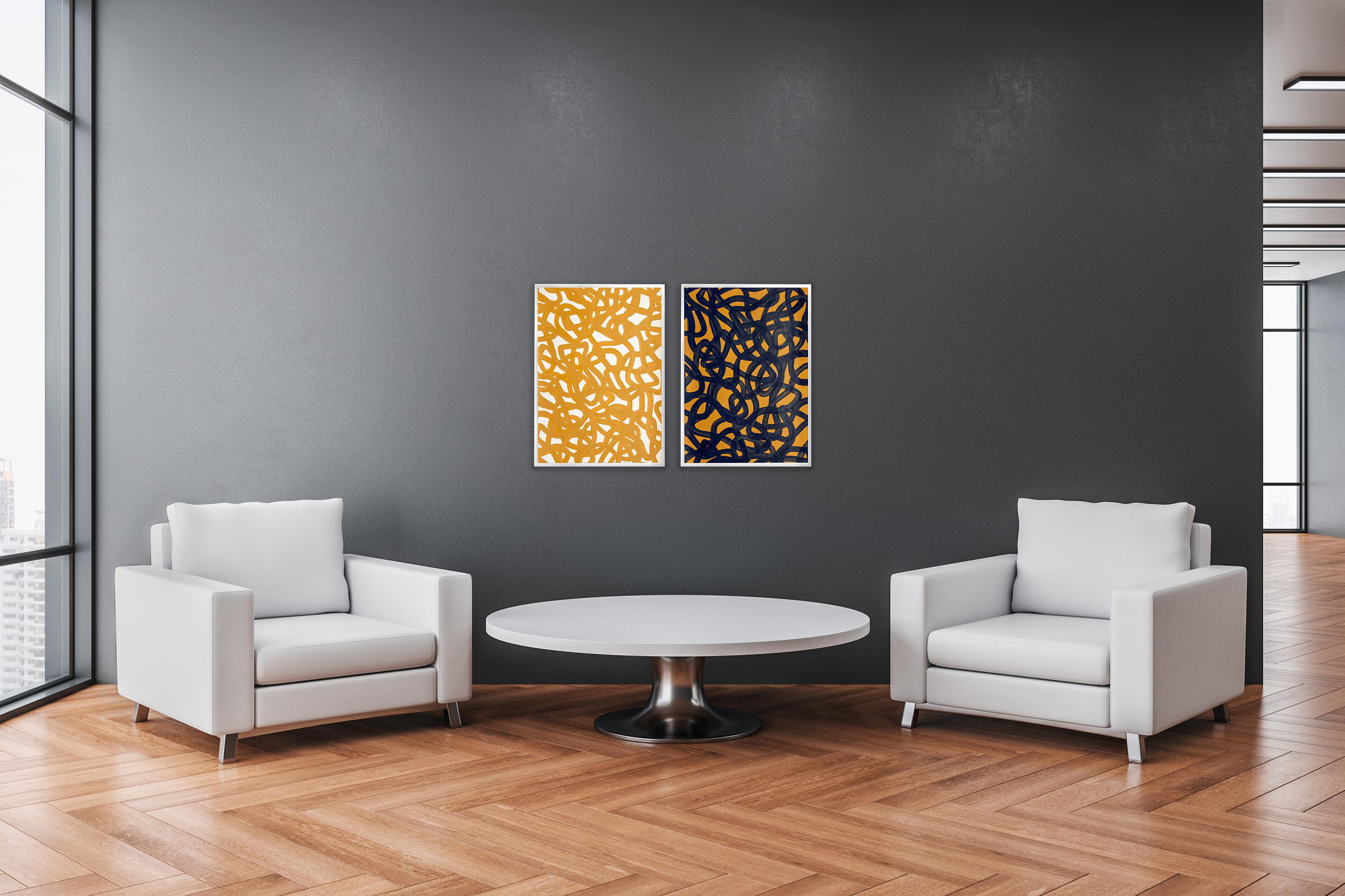Ochre and Black Diptych, Overlapping White Abstract Fish Gestures, Mediterranean For Sale 6