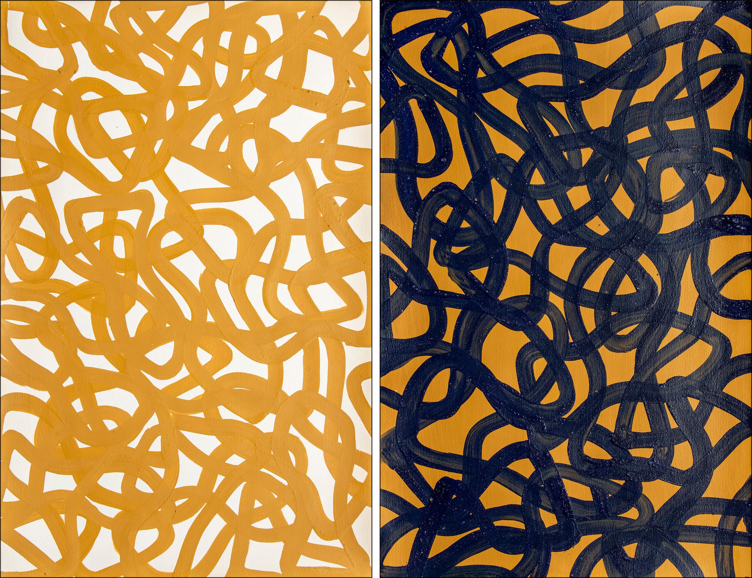 Enric Servera Abstract Painting - Ochre and Black Diptych, Overlapping White Abstract Fish Gestures, Mediterranean