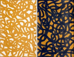 Ochre and Black Diptych, Overlapping White Abstract Fish Gestures, Mediterranean